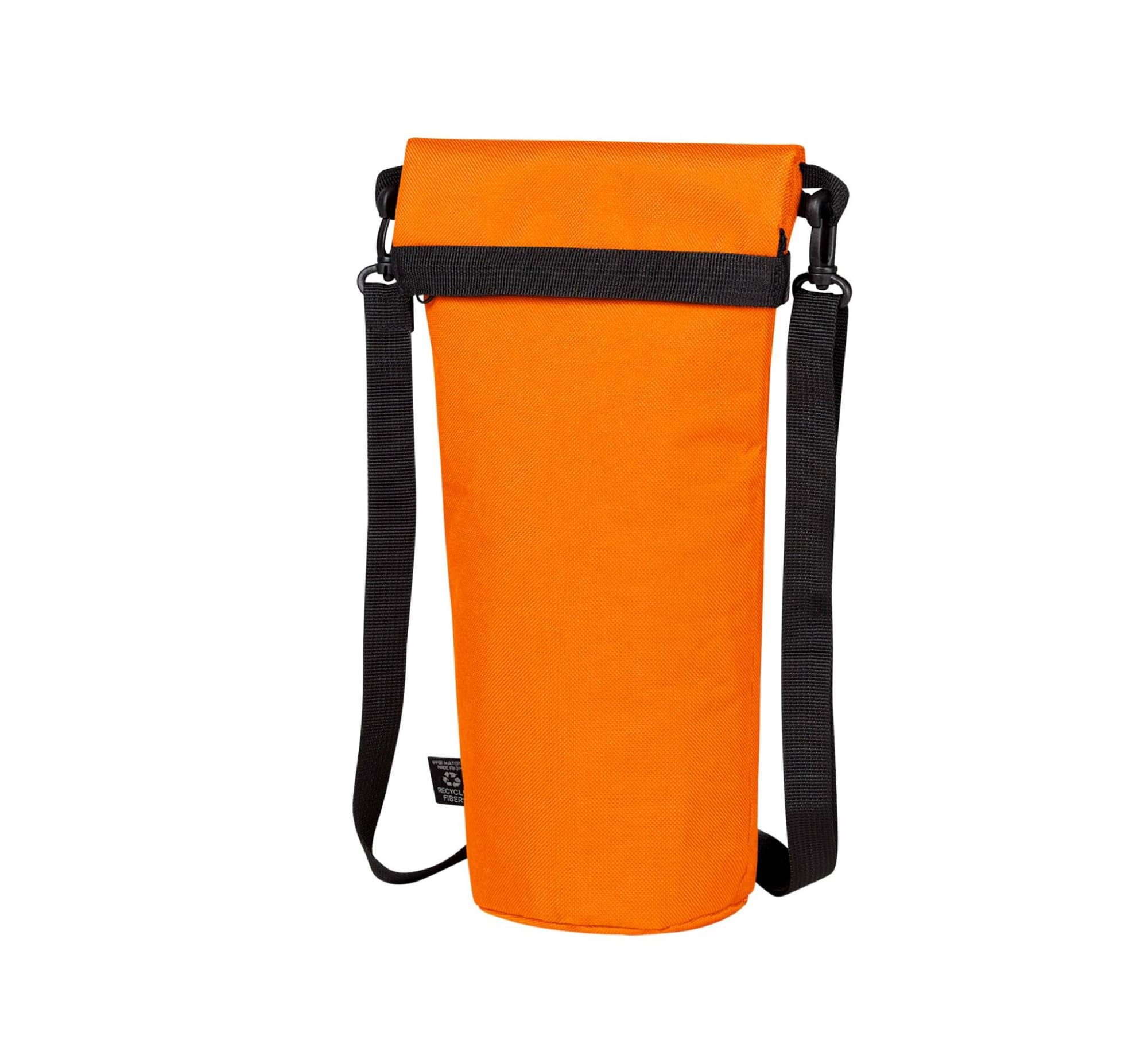 A drink bottle bag in vibrant orange with a black adjustable strap and a secure top closure. It features a logo.