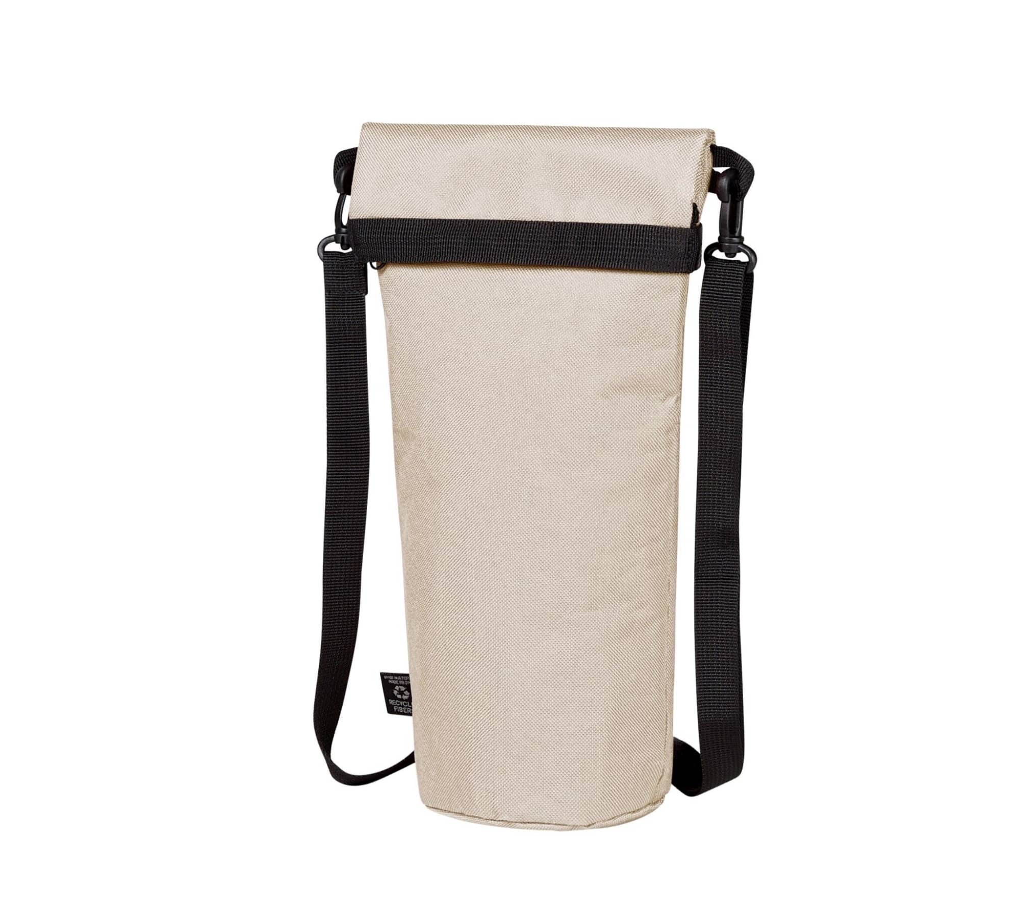 A drink bottle thermos bag in a beige colour with a black adjustable strap and a roll-top closure.