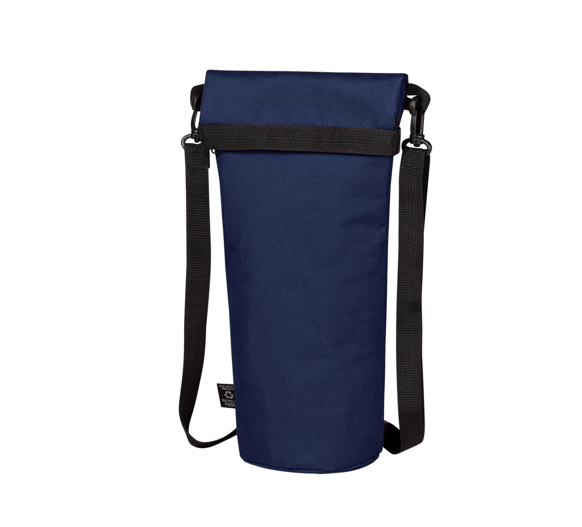 A drink bottle thermo bag in navy blue with a black adjustable strap and a secure roll-top closure. It features a logo.