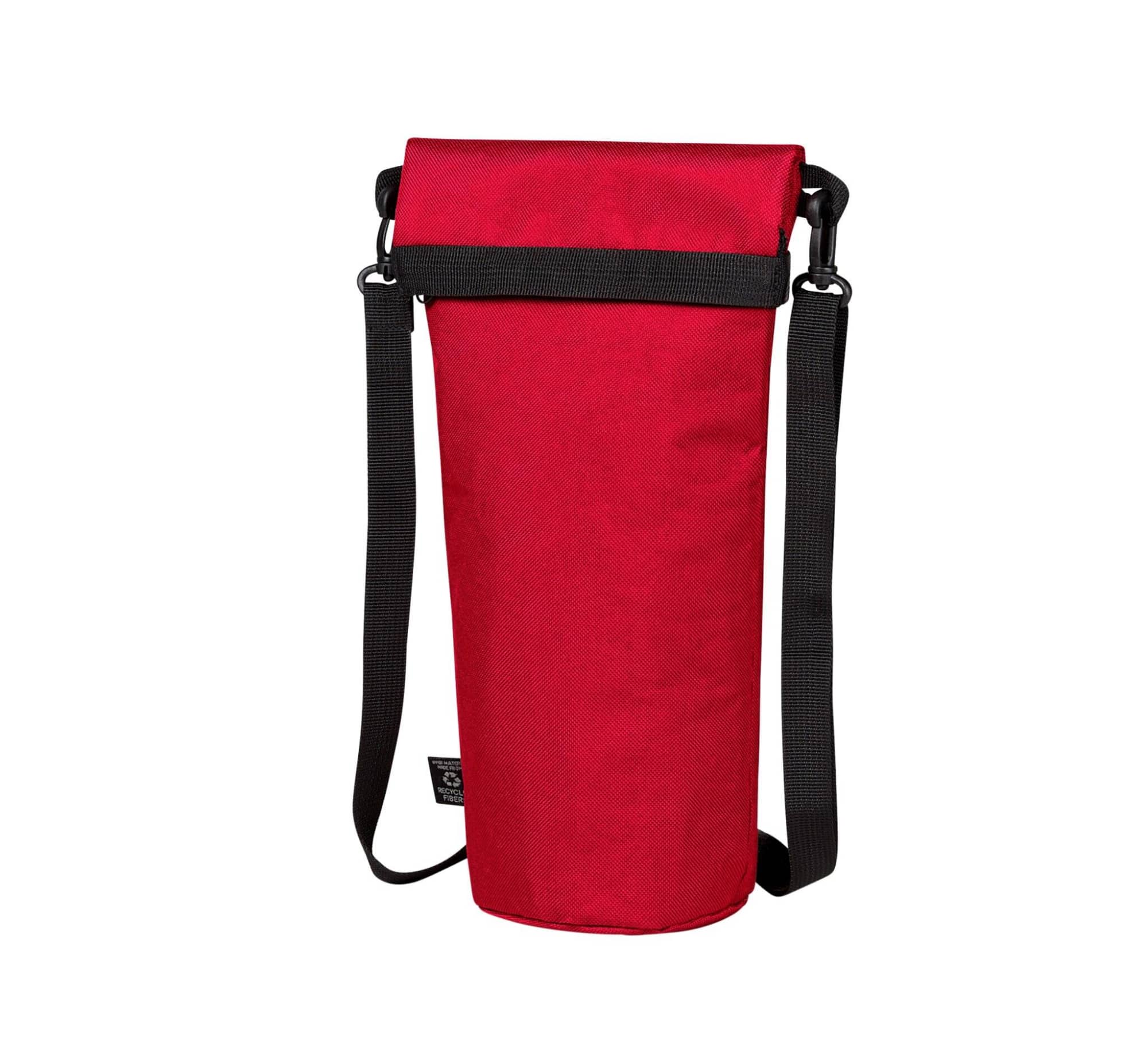 A drink bottle cooler bag in vibrant red, featuring a shoulder strap and a black adjustment buckle.