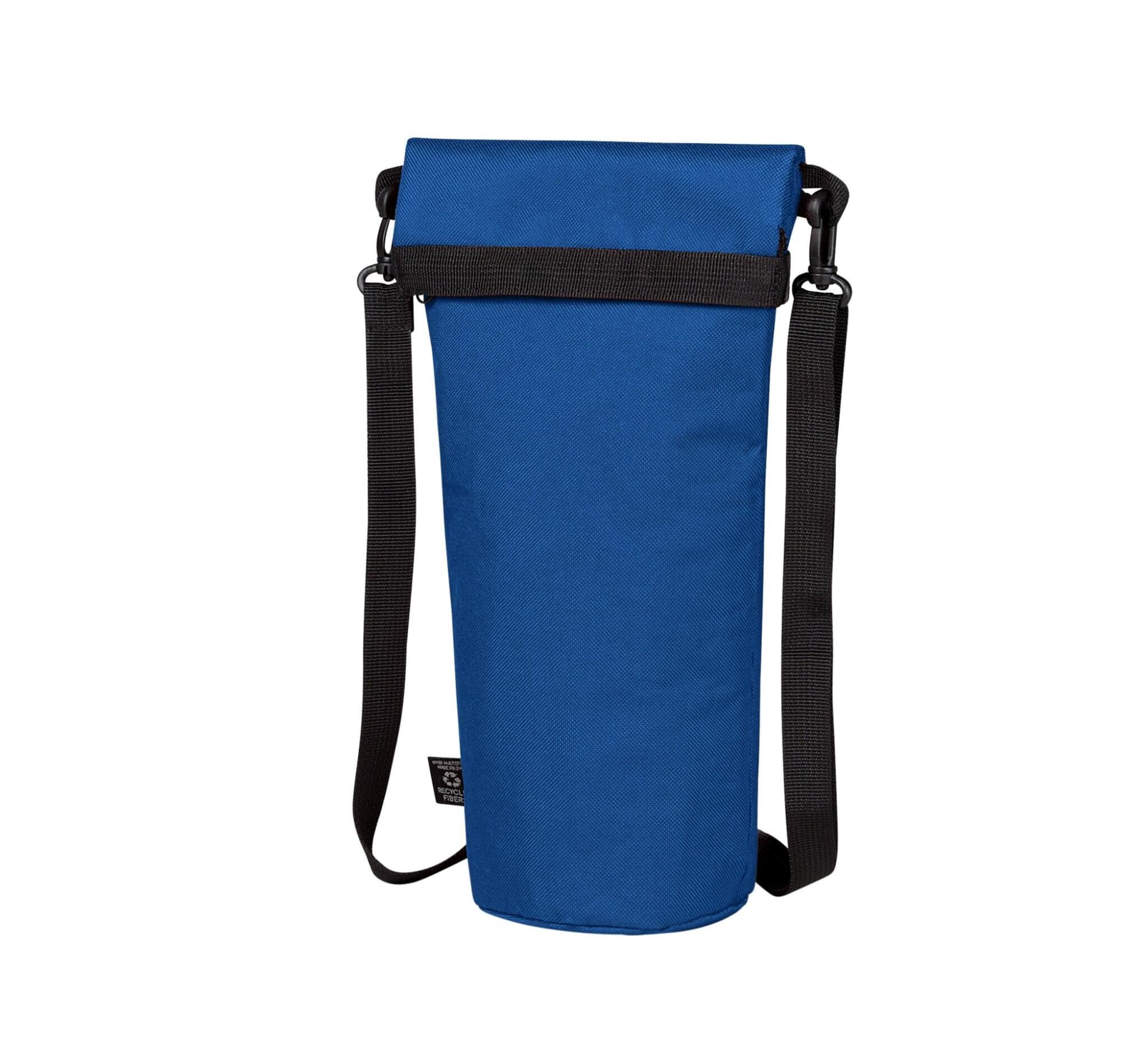 A drink bottle thermos bag in blue, featuring a shoulder strap and a roll-top closure, with a brand logo.
