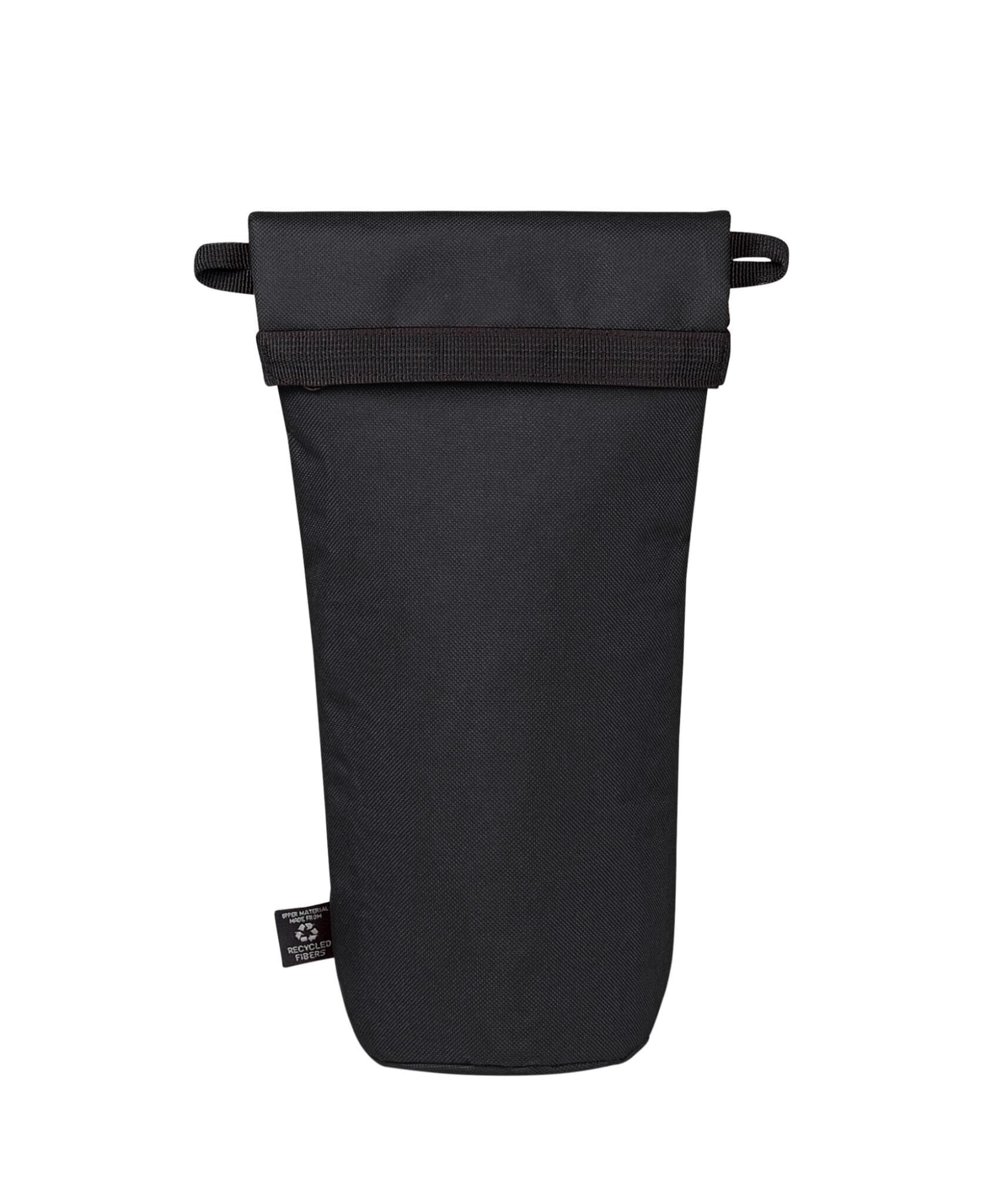 A drink bottle cooler bag in black with a strap and a logo. Suitable for carrying and insulating bottles.