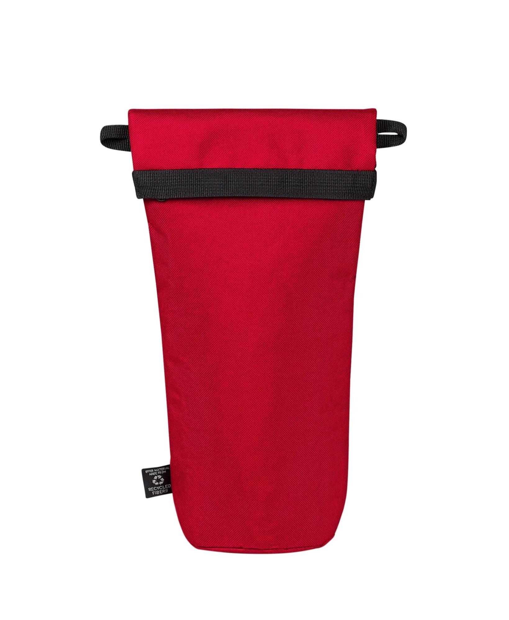 A drink bottle thermos bag in bright red with a black strap and branding on the side.