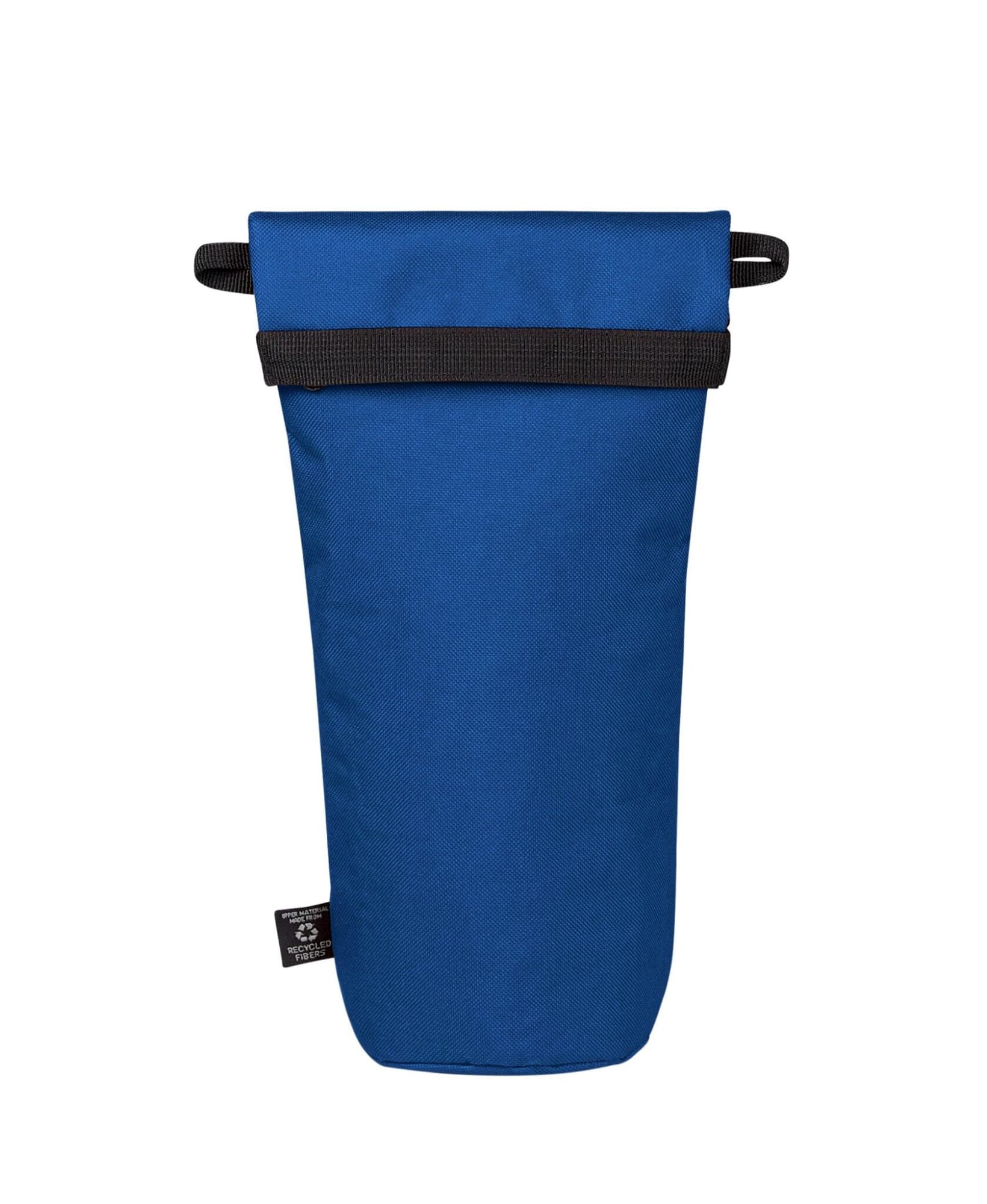 A drink bottle cooler bag in a solid blue colour with black straps and a logo on the side.