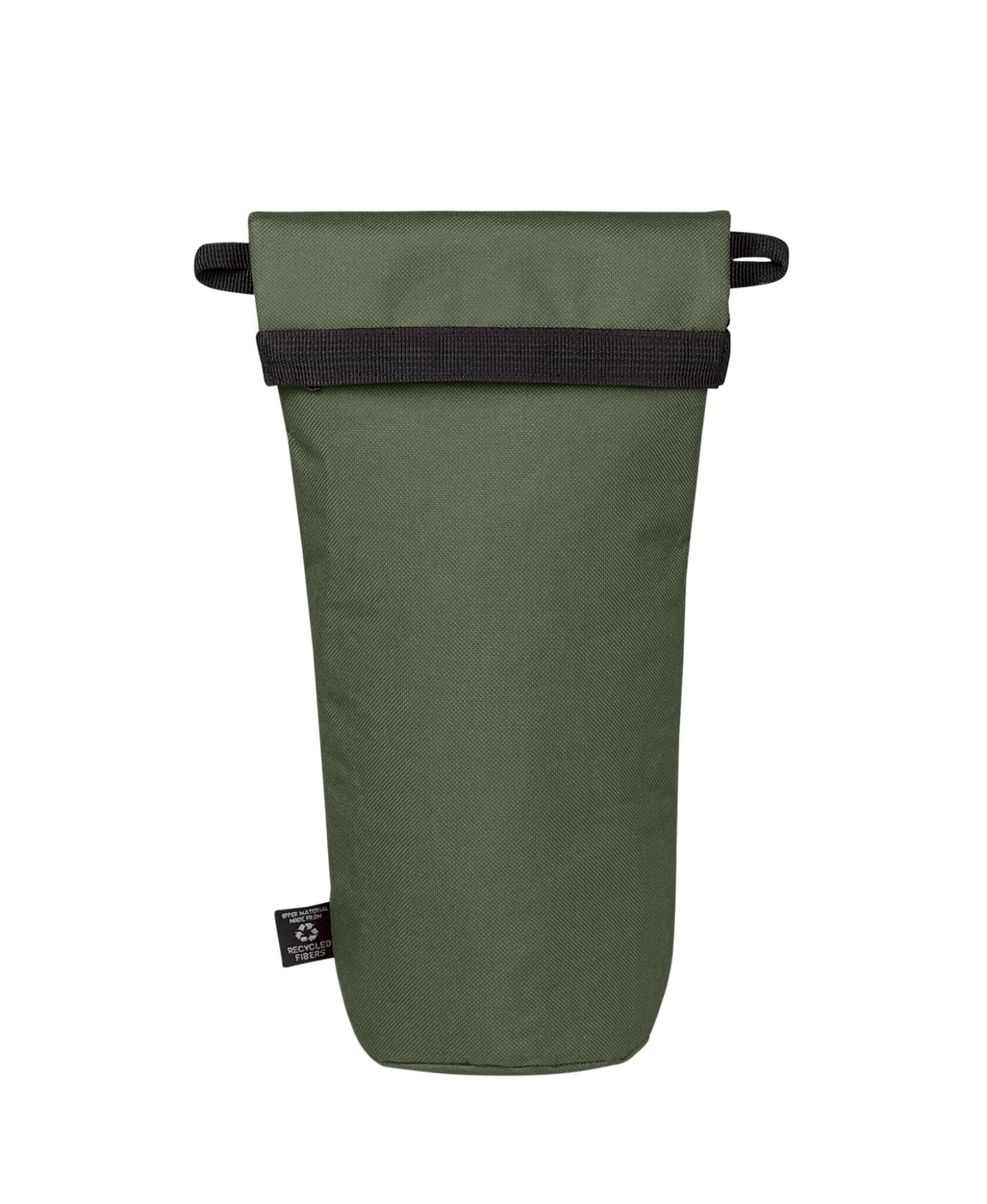 A drink bottle thermos bag in khaki green with a black strap and a logo on the side.