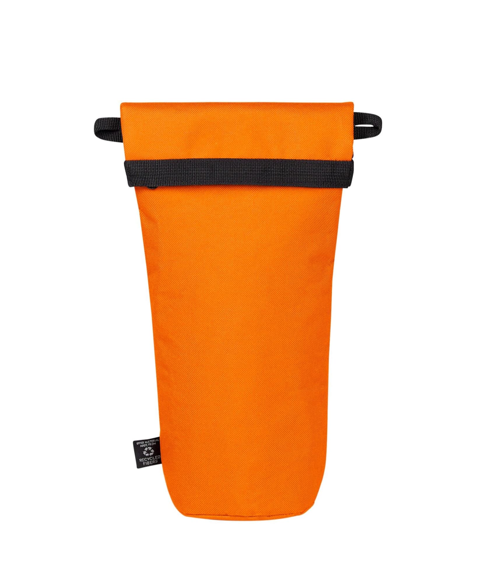 An orange bottle thermo bag with a black strap, featuring a branding logo. Suitable for cooler storage.