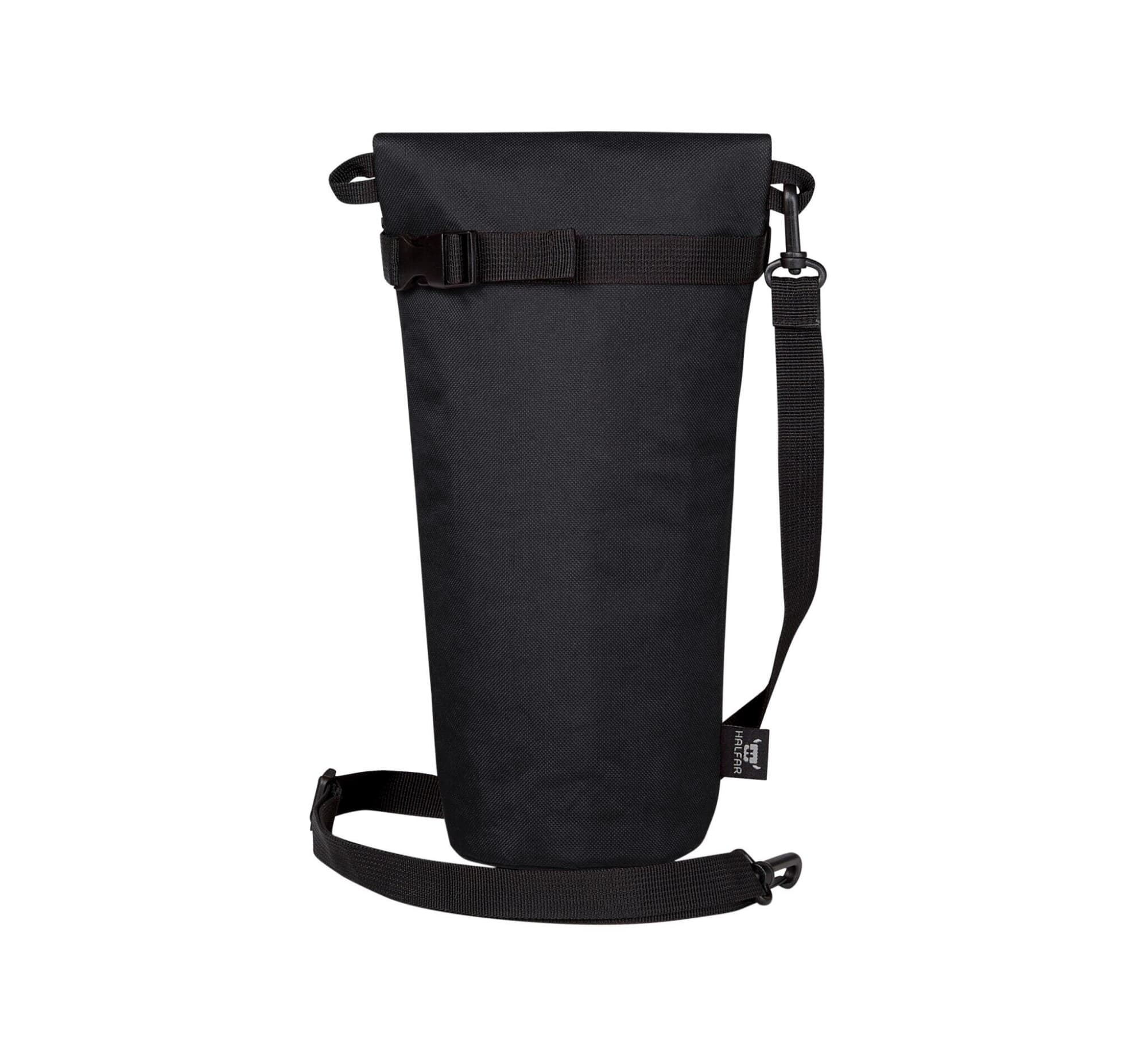 A drink bottle thermo bag in black, featuring an adjustable strap and a secure closure at the top.