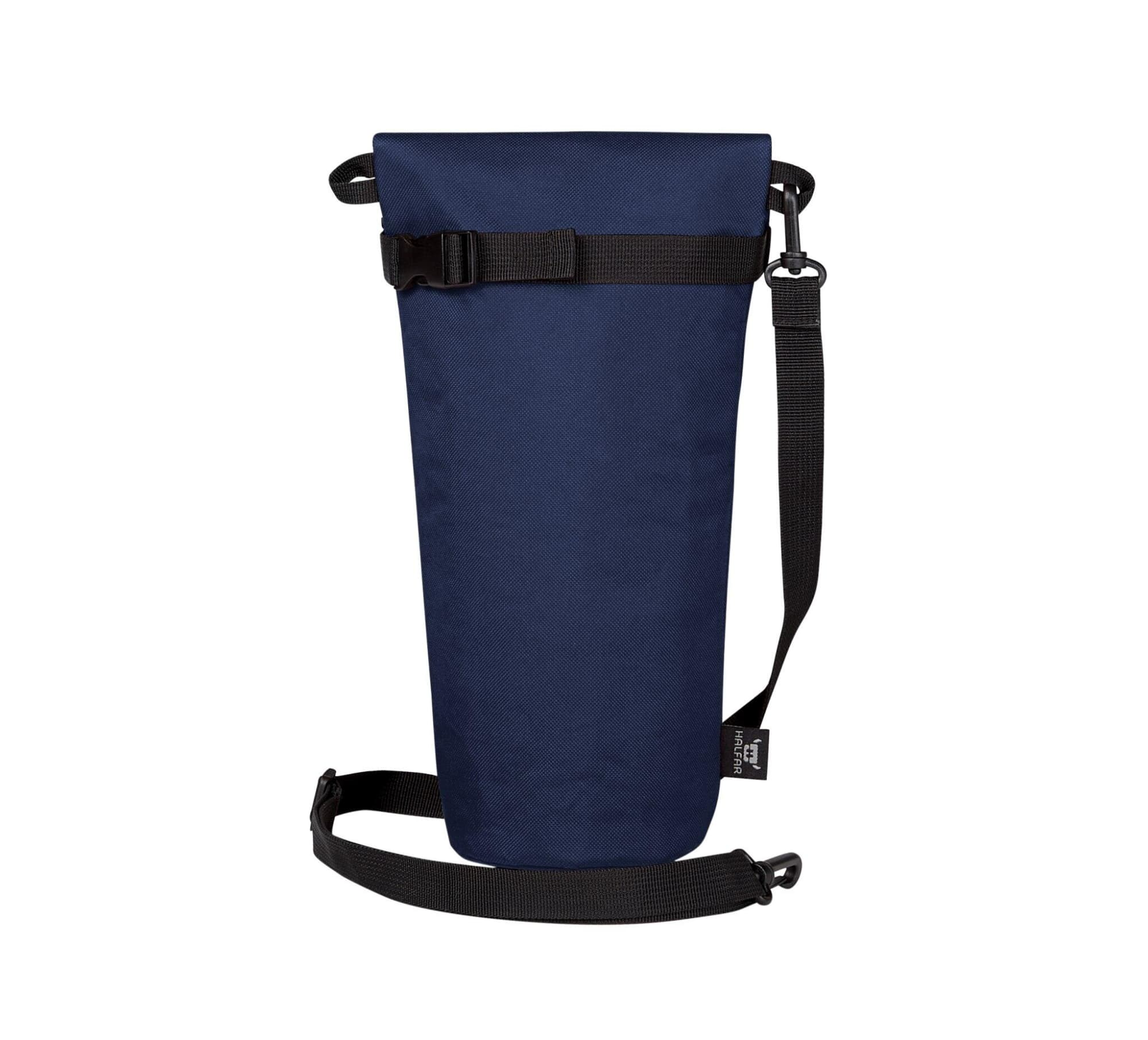 A drink bottle thermos bag in navy blue with adjustable straps and a buckle for secure closure. Features a logo.