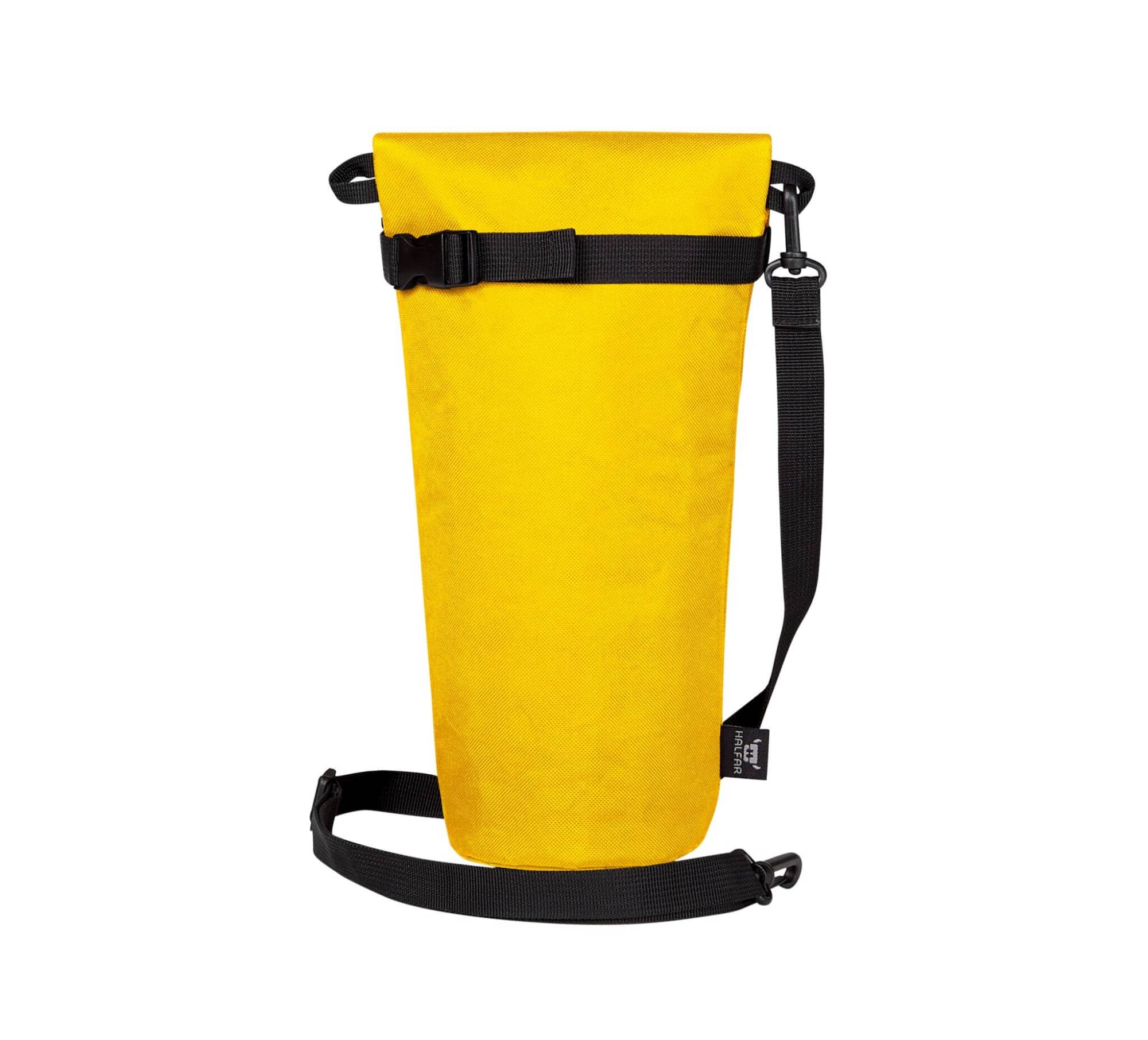 A drink bottle thermo bag in bright yellow with black straps and buckles for secure closure and carrying.