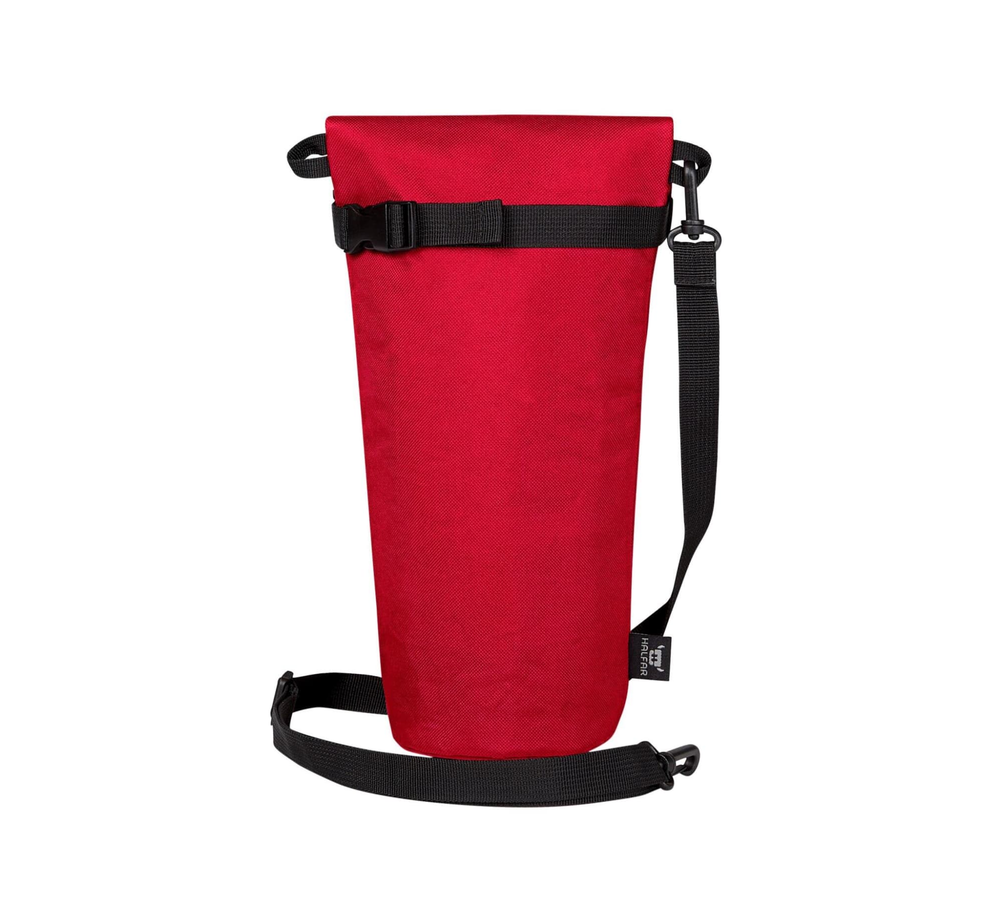 A drink bottle thermos bag in red with black straps and buckle for carrying. It features a logo.
