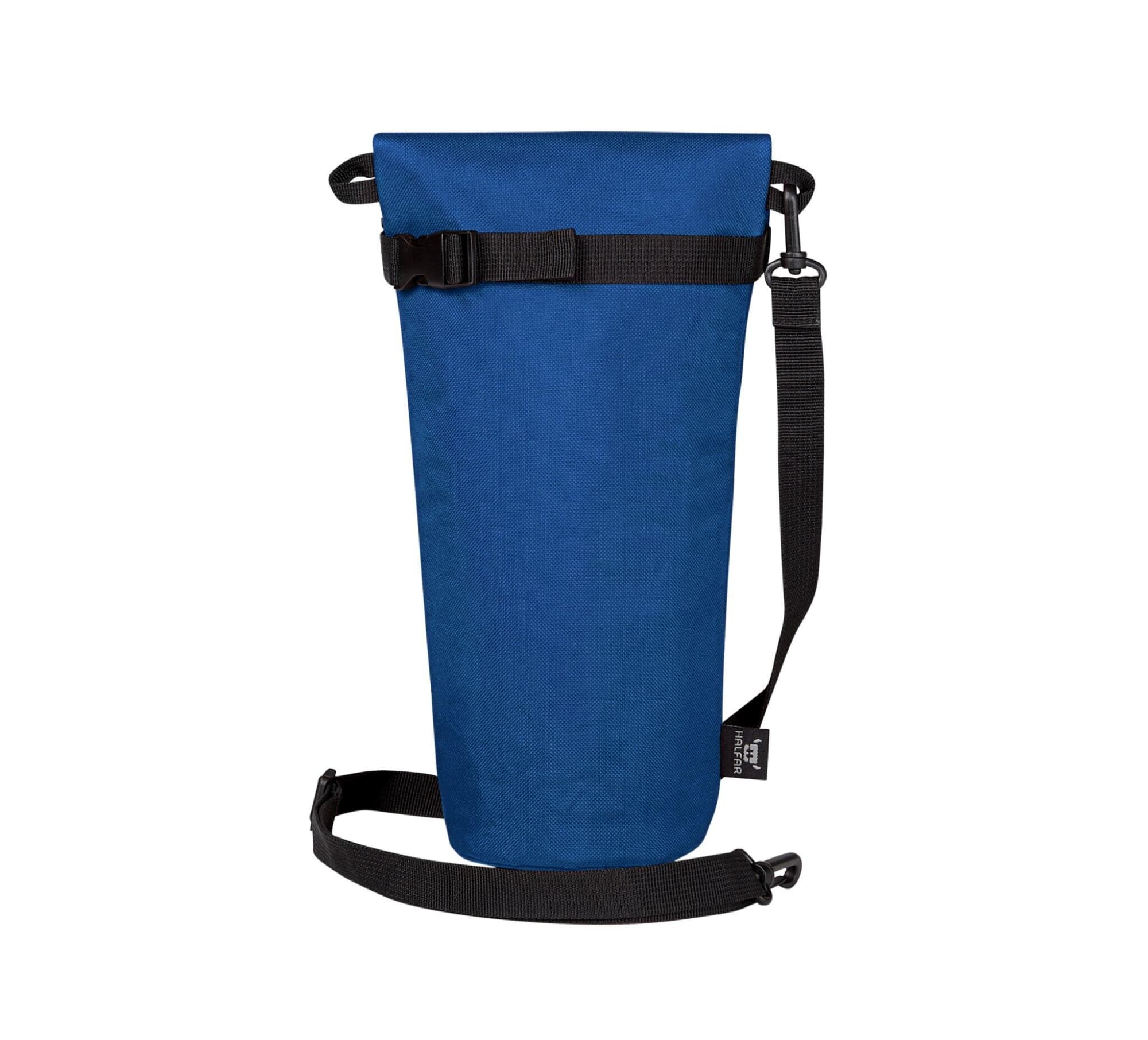 A drink bottle thermo bag in a deep blue colour with black straps and a buckle closure. It features a logo.