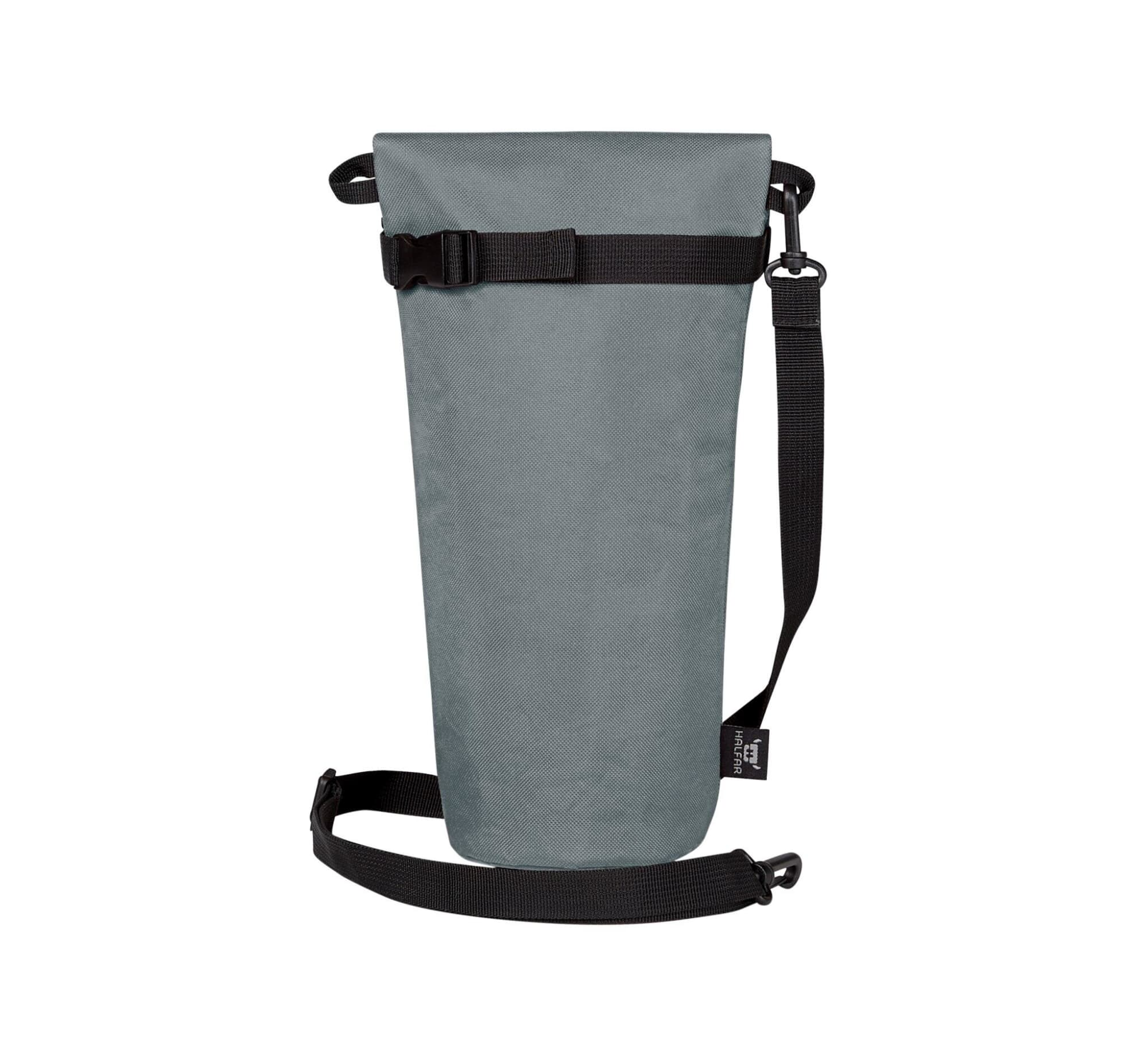 A drink bottle thermo bag in grey with a black adjustable strap and buckle closure. It features a logo.