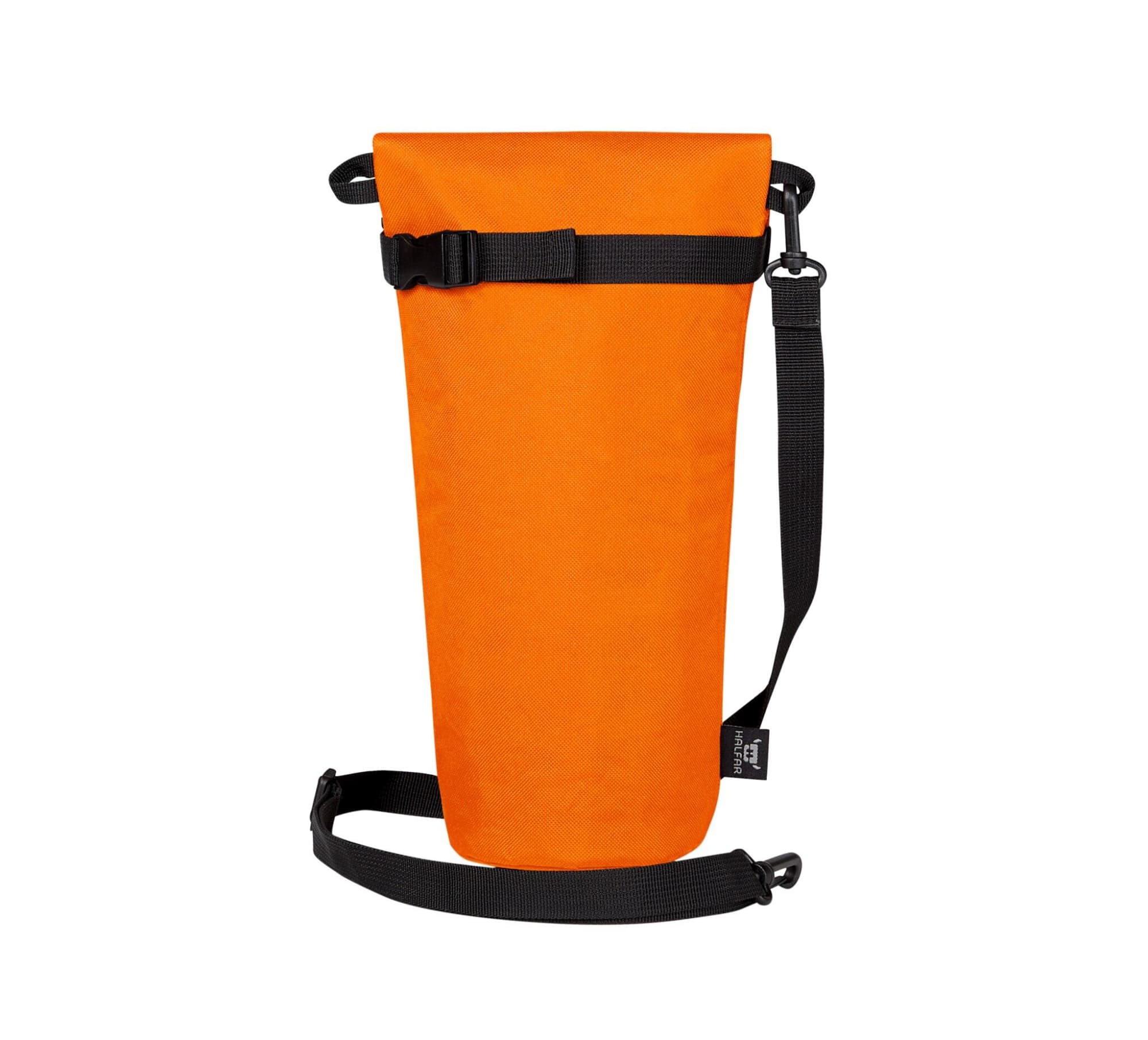 A drink bottle thermo bag in bright orange with a black strap and buckle for secure carrying.