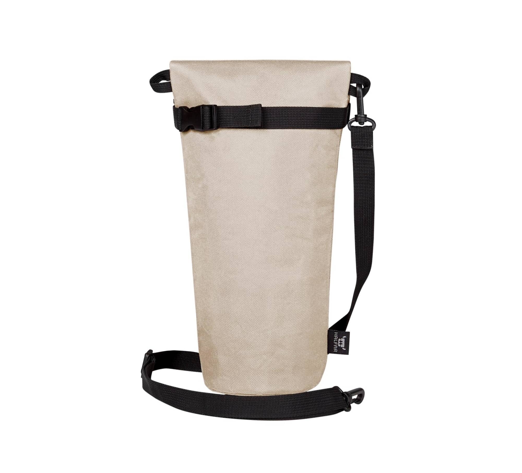 A drink bottle thermal bag in light beige, featuring adjustable straps and a buckle closure. It has a logo.