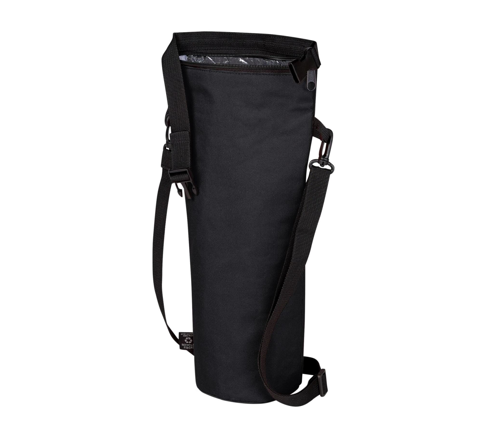 A drink bottle thermo bag in black with a shoulder strap and a reflective interior. It has a logo.