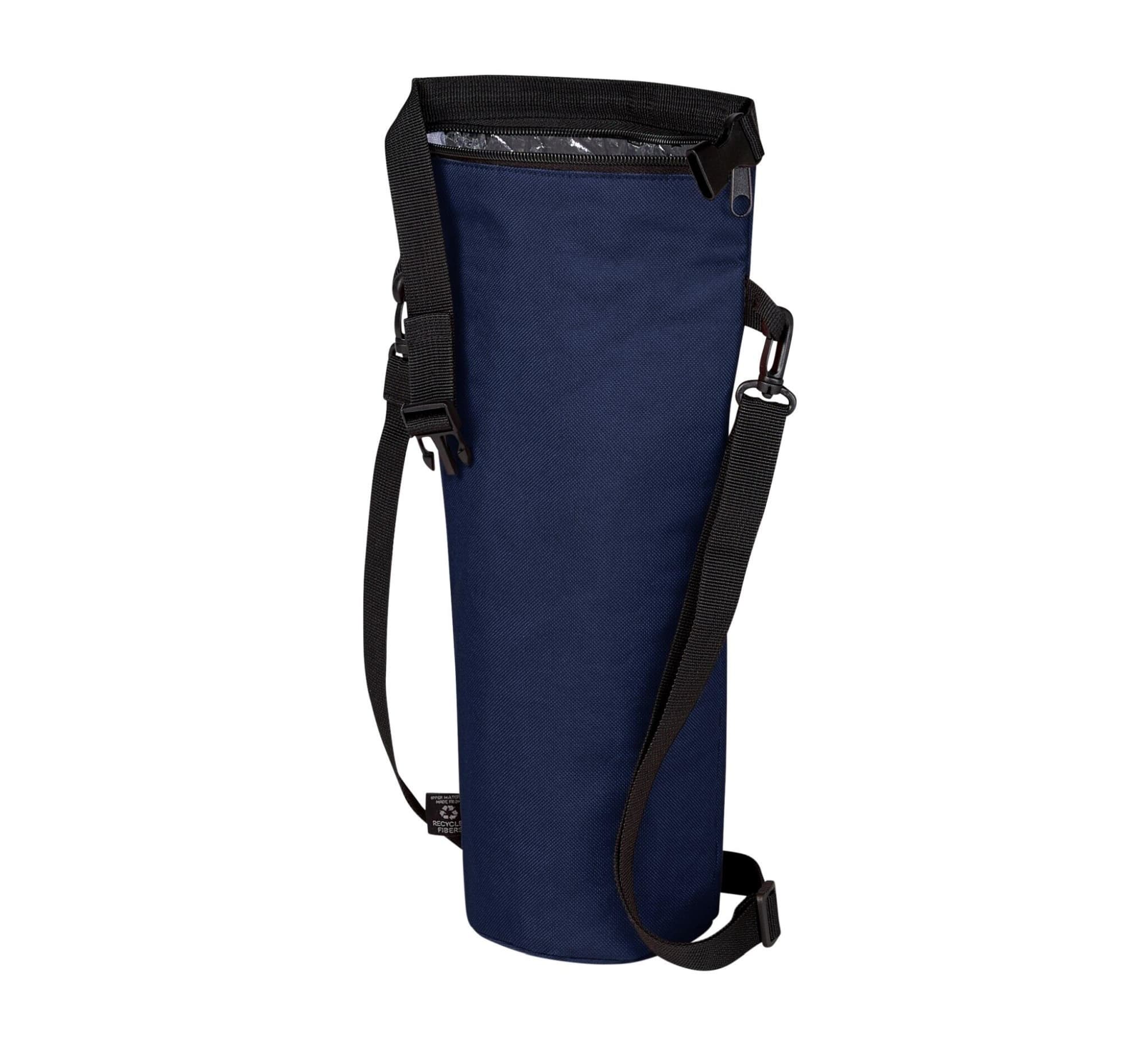 A drink bottle thermo bag in navy blue with an adjustable strap and a logo.