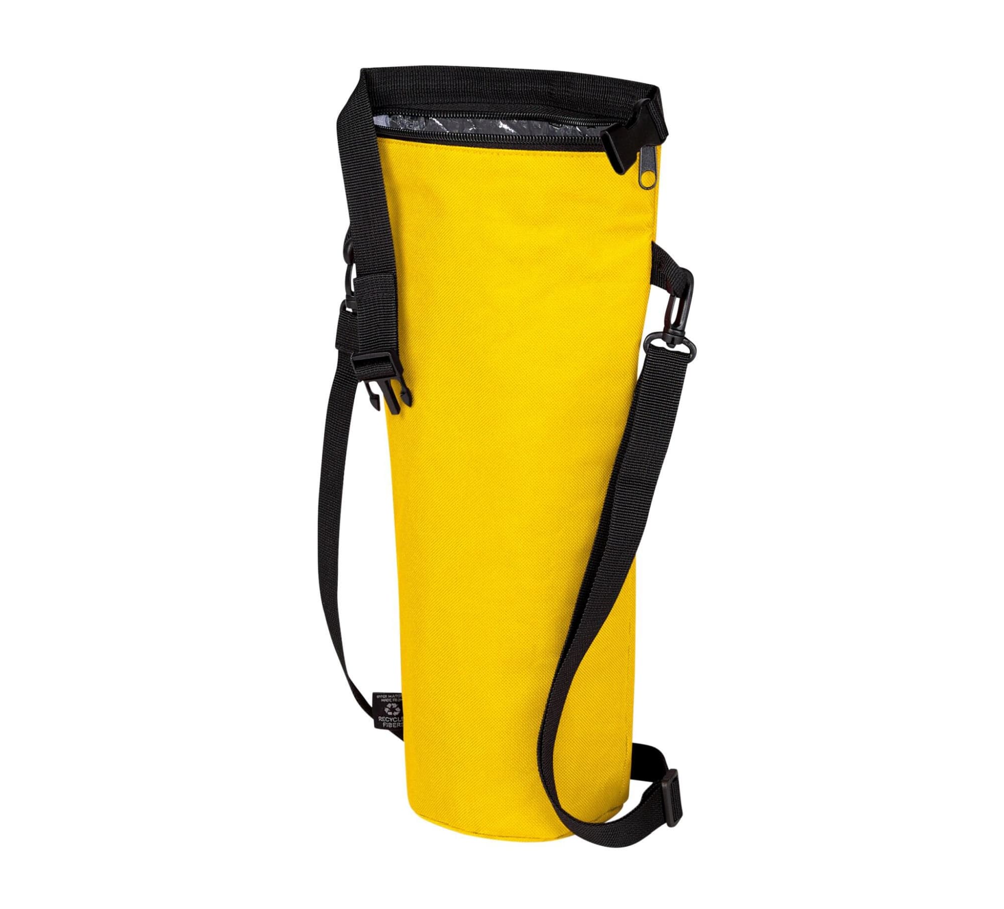 A drink bottle thermos bag in bright yellow with a black adjustable strap and a logo on the side.