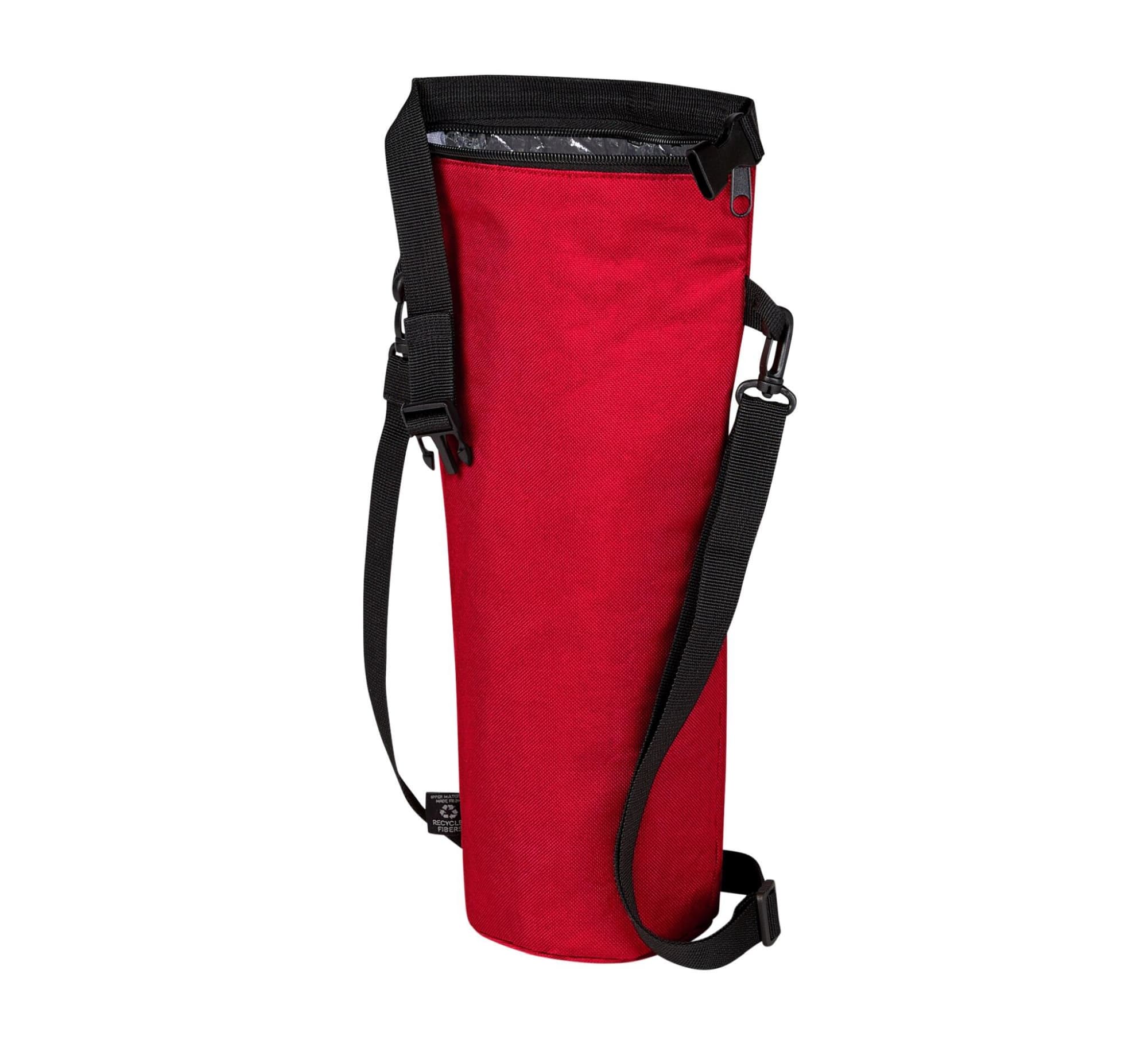 A drink bottle thermo bag in red with a black shoulder strap and a logo on the side.