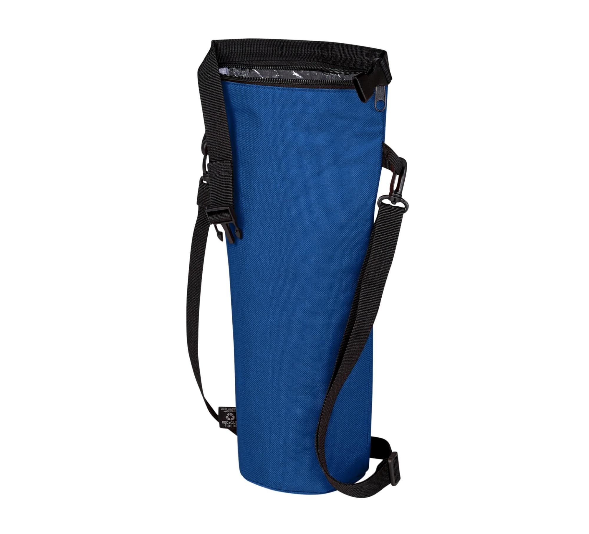 A drink bottle thermo bag in blue, featuring a shoulder strap and a zippered top, with an interior lining.