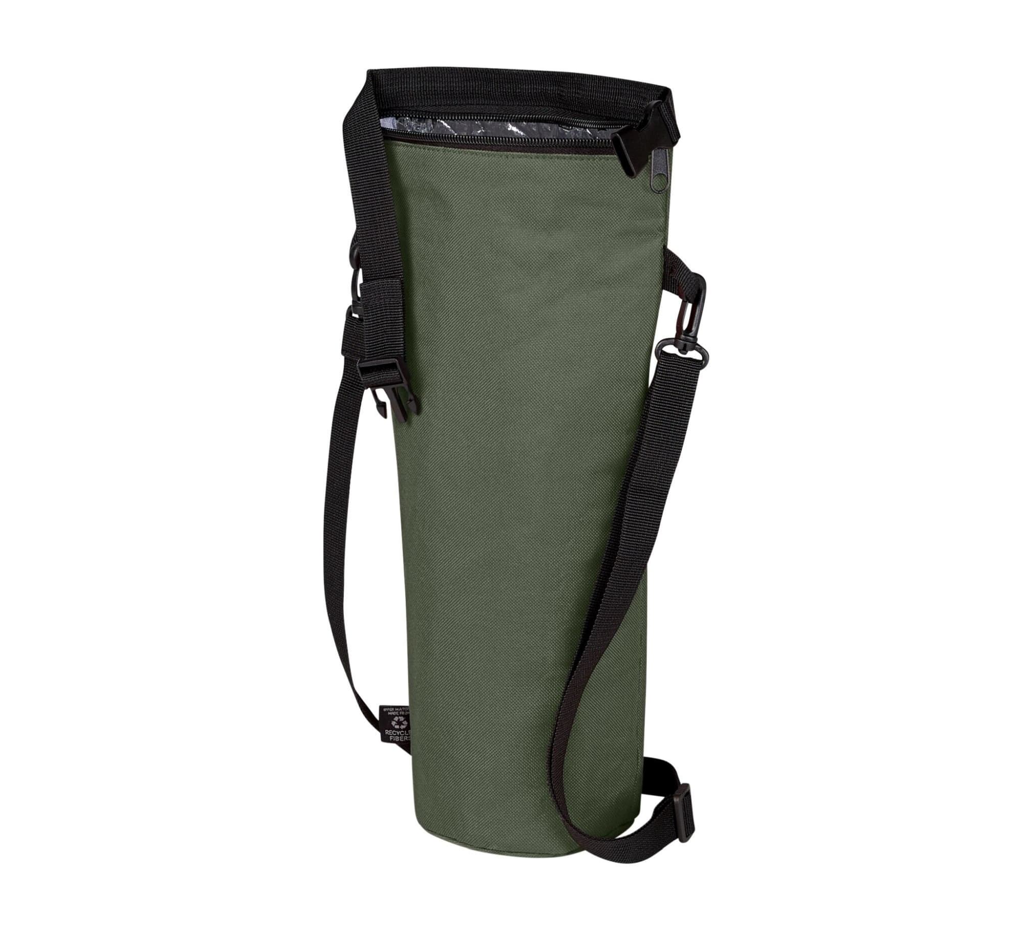 A drink bottle thermos bag in olive green with a shoulder strap and a black lining inside. It features a logo.