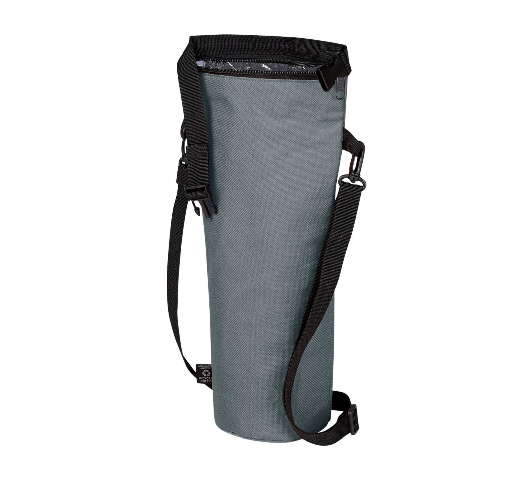 A drink bottle cooler bag in grey with a black adjustable strap and a patterned interior. It has a logo.
