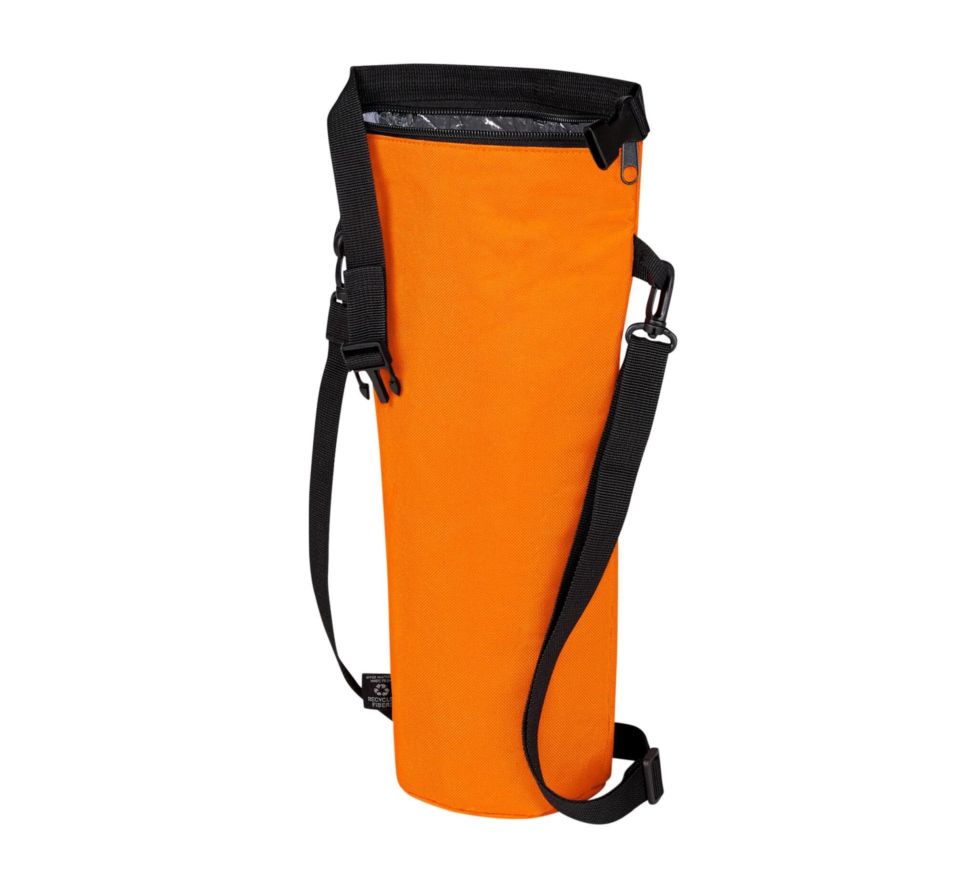 An orange bottle thermo bag with a black strap and interior lining, featuring a logo on the side.