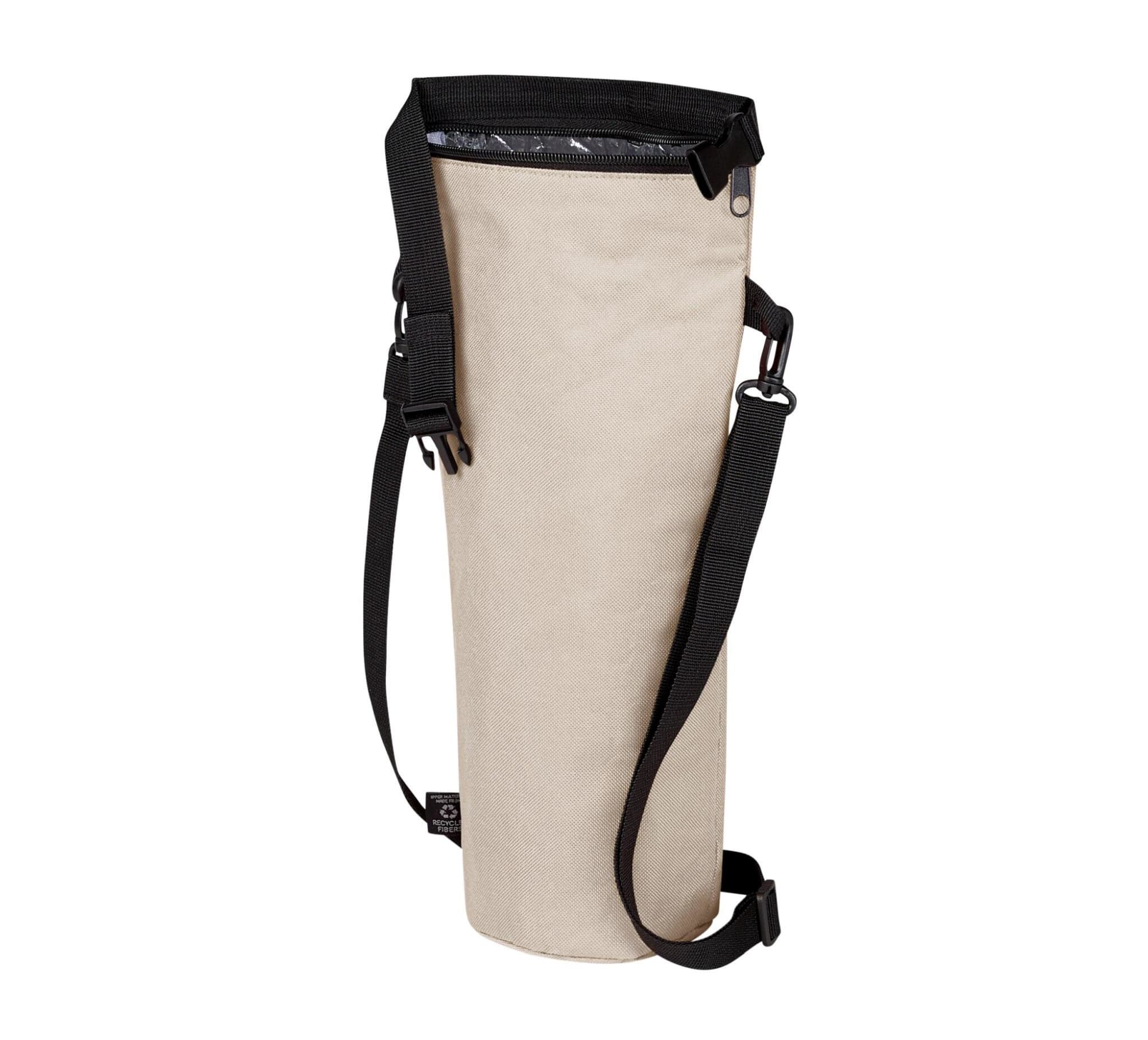 A drink bottle thermo bag in beige with a black adjustable strap, featuring a logo on the side.