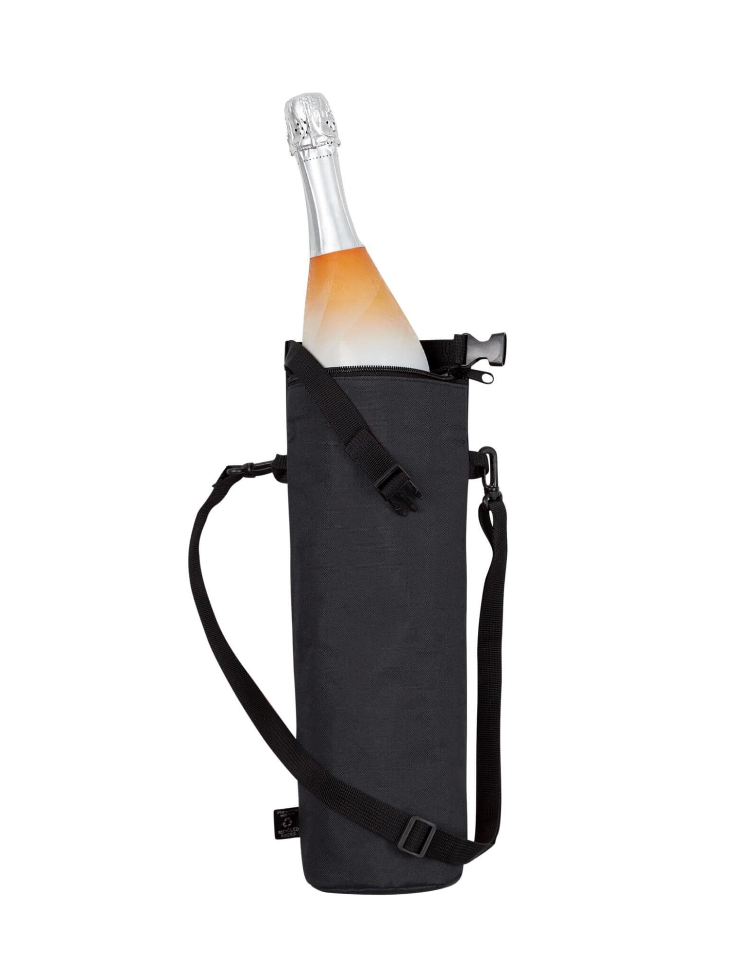 A drink bottle is inside a black cooler bag with a shoulder strap and a clip. The bag has a sleek design.