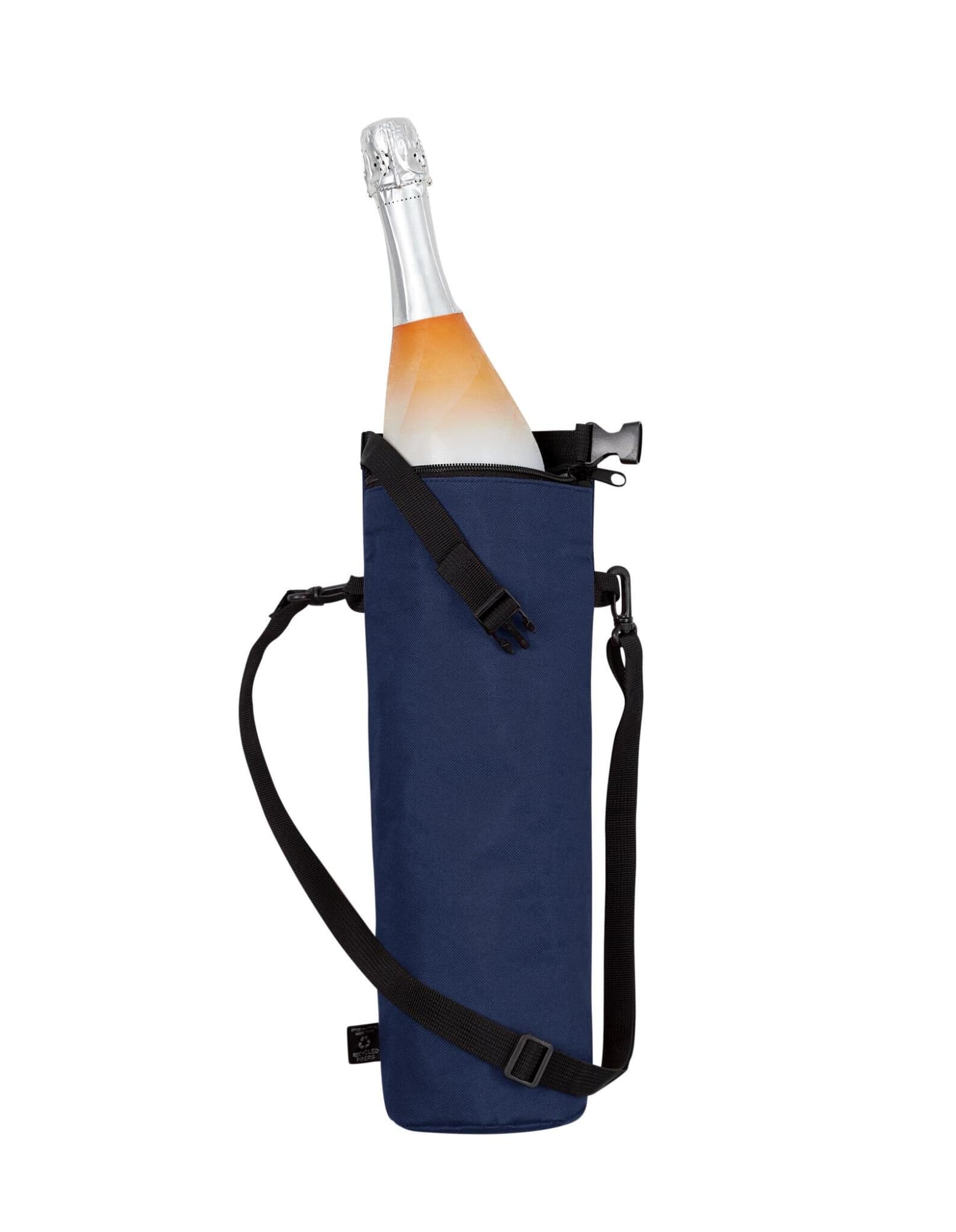 A drink bottle in a navy blue thermo bag with a shoulder strap and a clip. The bag has a simple design.