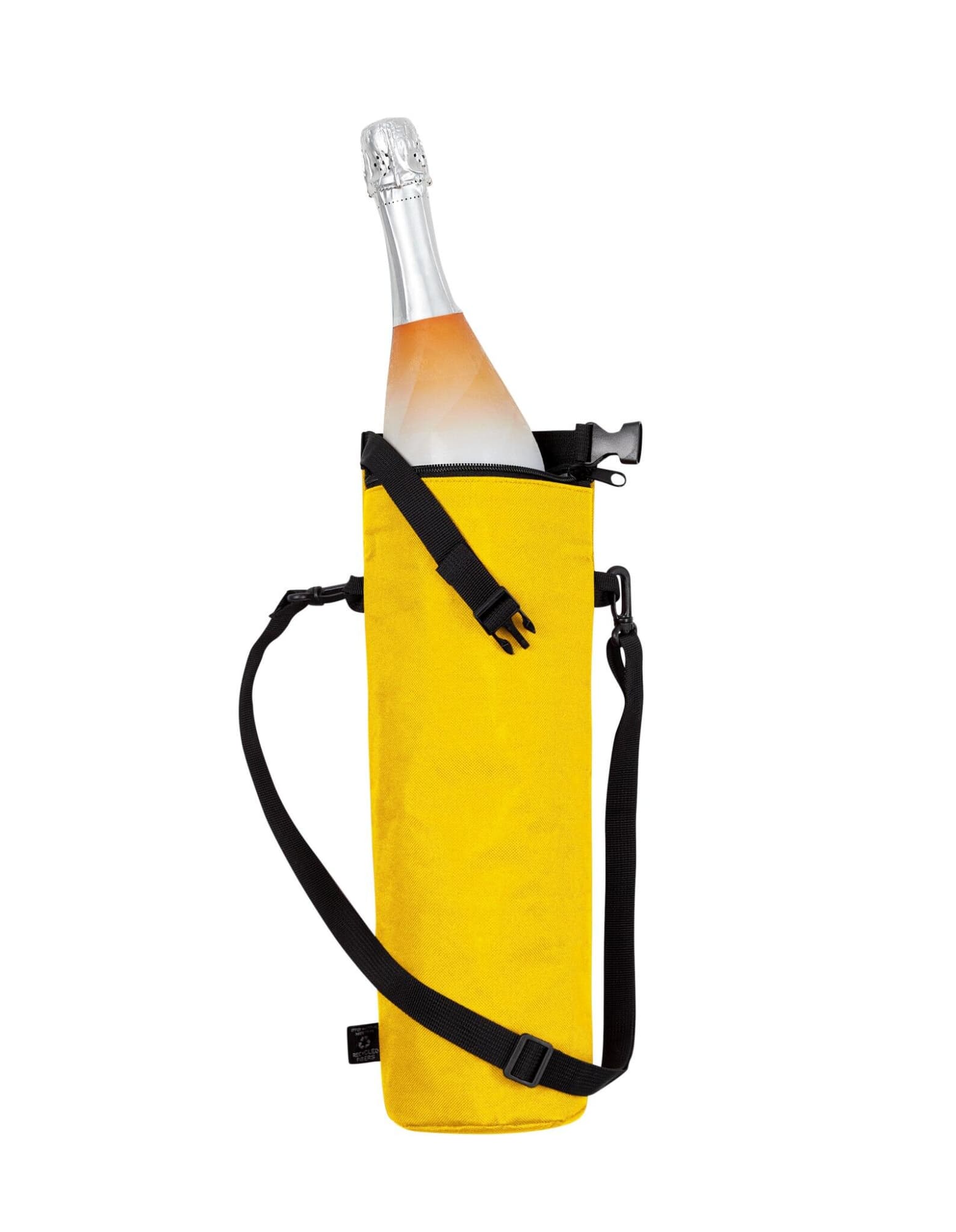 A drink bottle thermos bag in bright yellow, featuring a black adjustable strap and a secure closure.