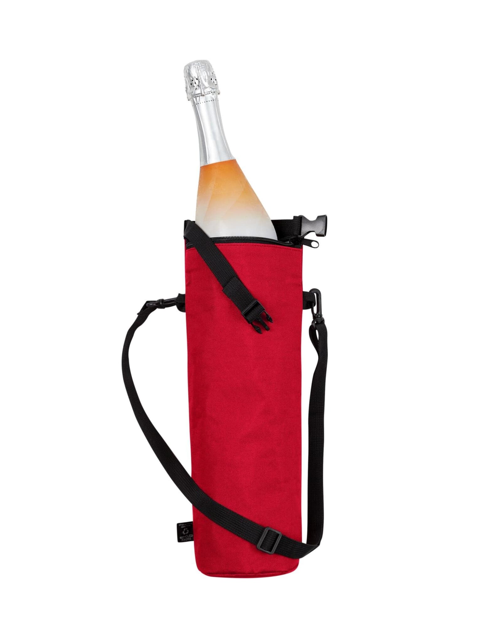 A drink bottle thermos bag in bright red, featuring a secure strap and a bottle holder design.
