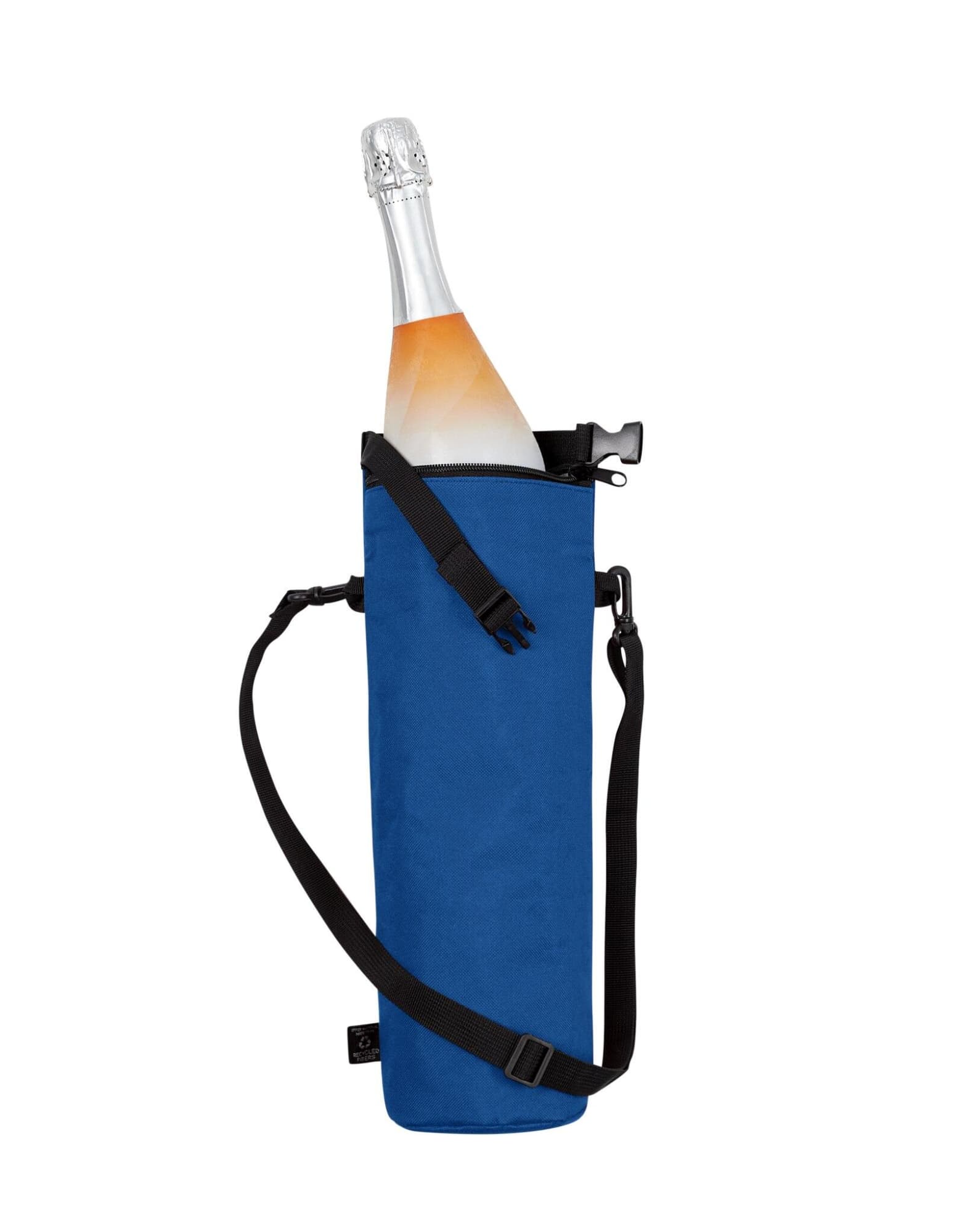 A drink bottle is nestled in a blue cooler bag with a shoulder strap and a secure top closure.