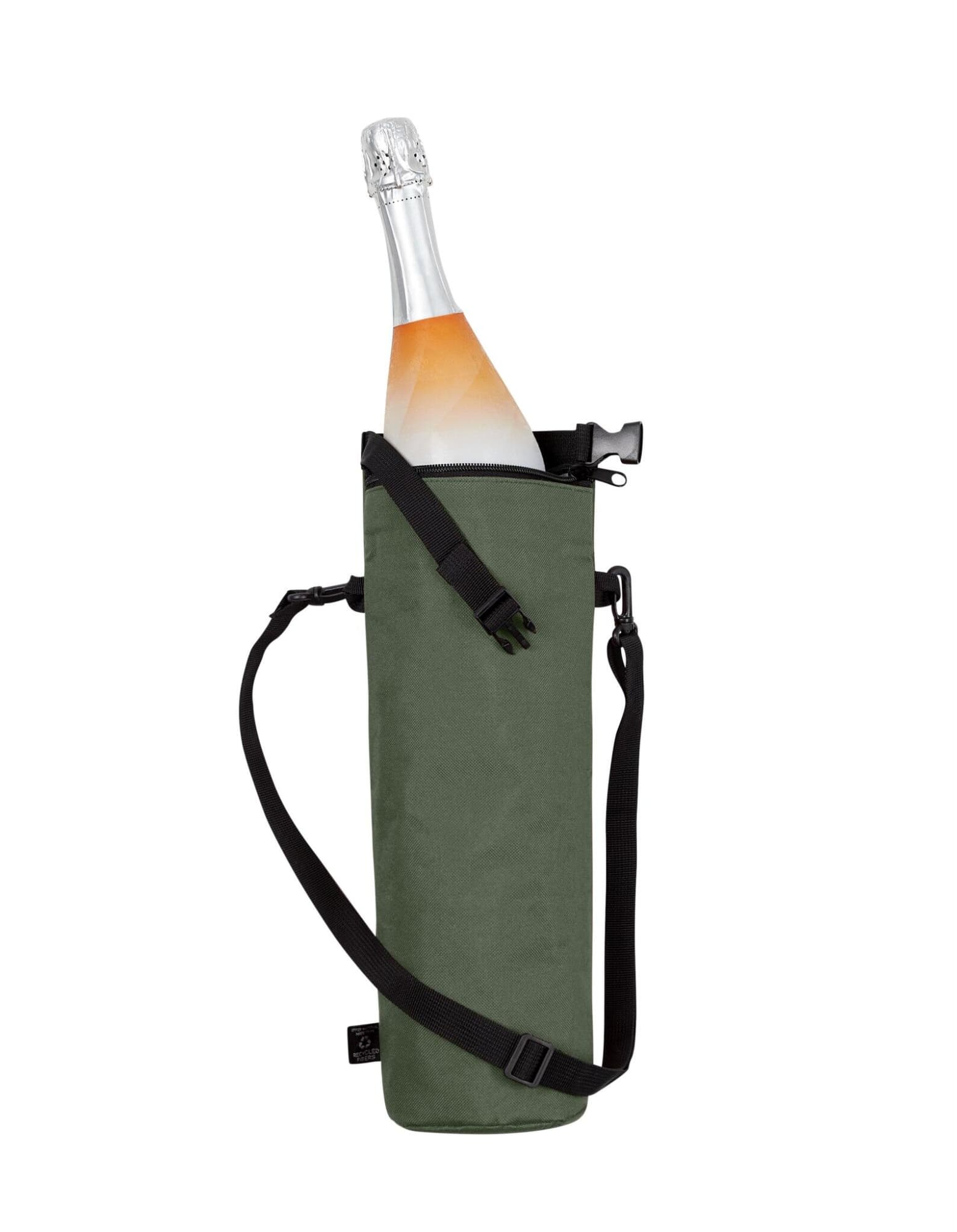 A drink bottle in a green cooler bag with a shoulder strap, featuring a logo.