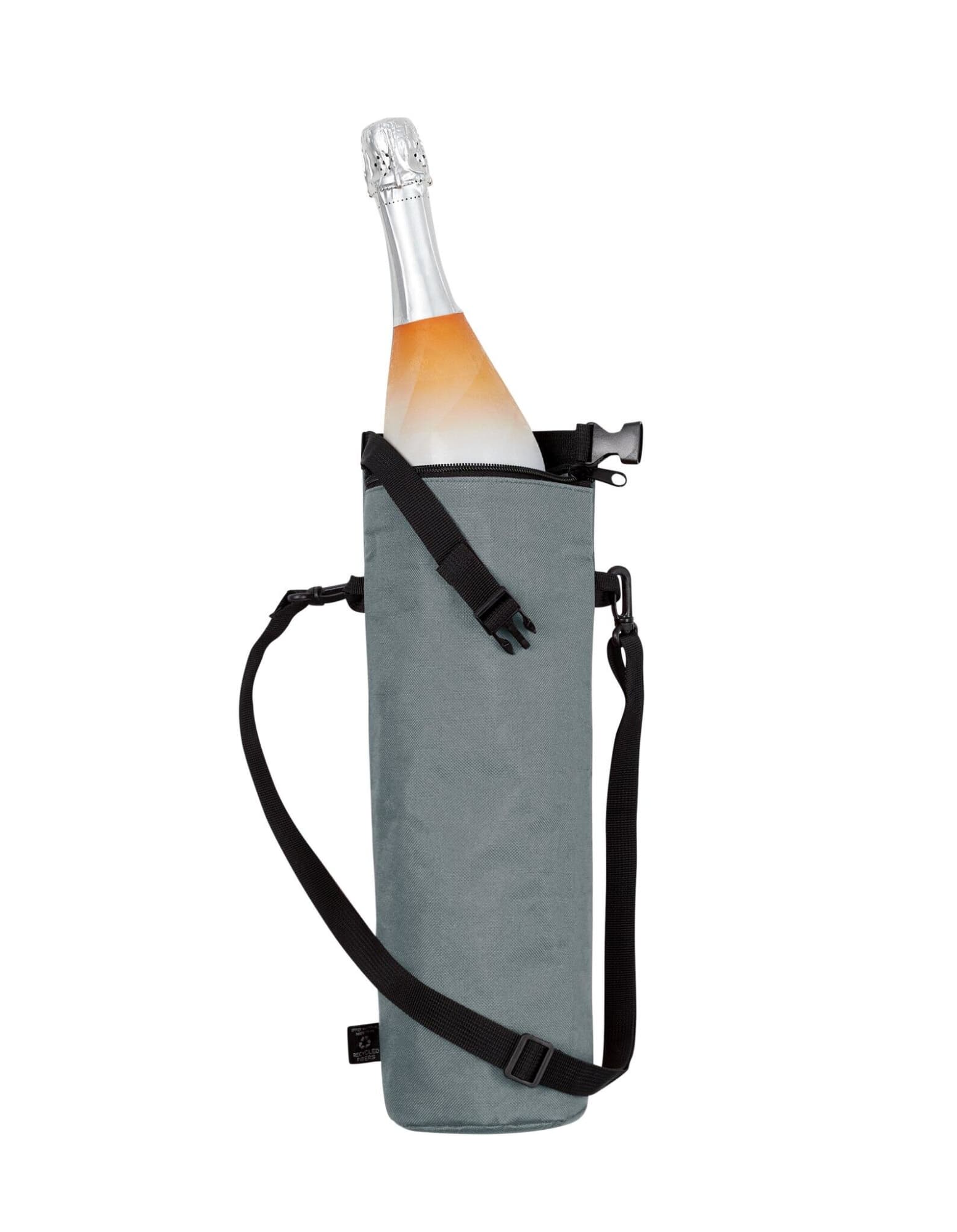 A drink bottle insulated cooler bag in grey, featuring a shoulder strap and a secure closure.