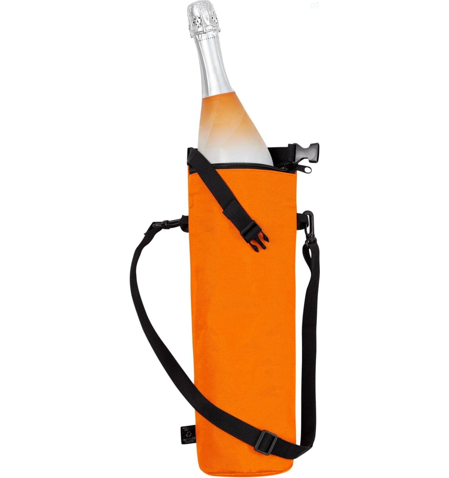 A drink bottle is housed in an orange thermo bag with a black strap and clip. The bag features a logo.