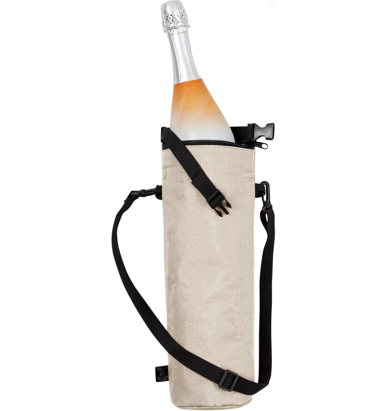A drink bottle is nestled in a beige bottle thermo bag with a black strap and clip, featuring a logo.