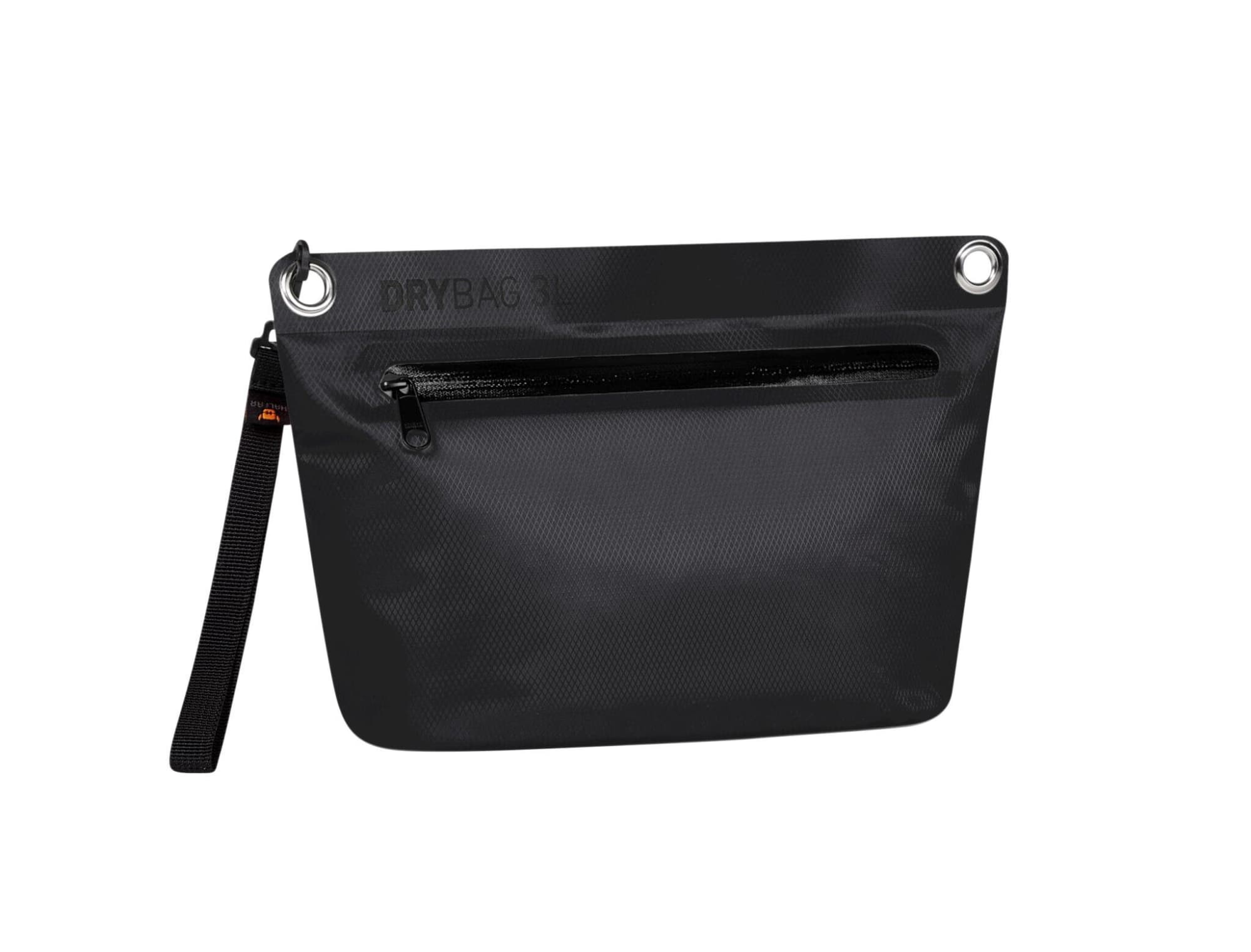 A black Drybag Zipper Bag featuring a front zip pocket and a wrist strap. It has a branding logo.