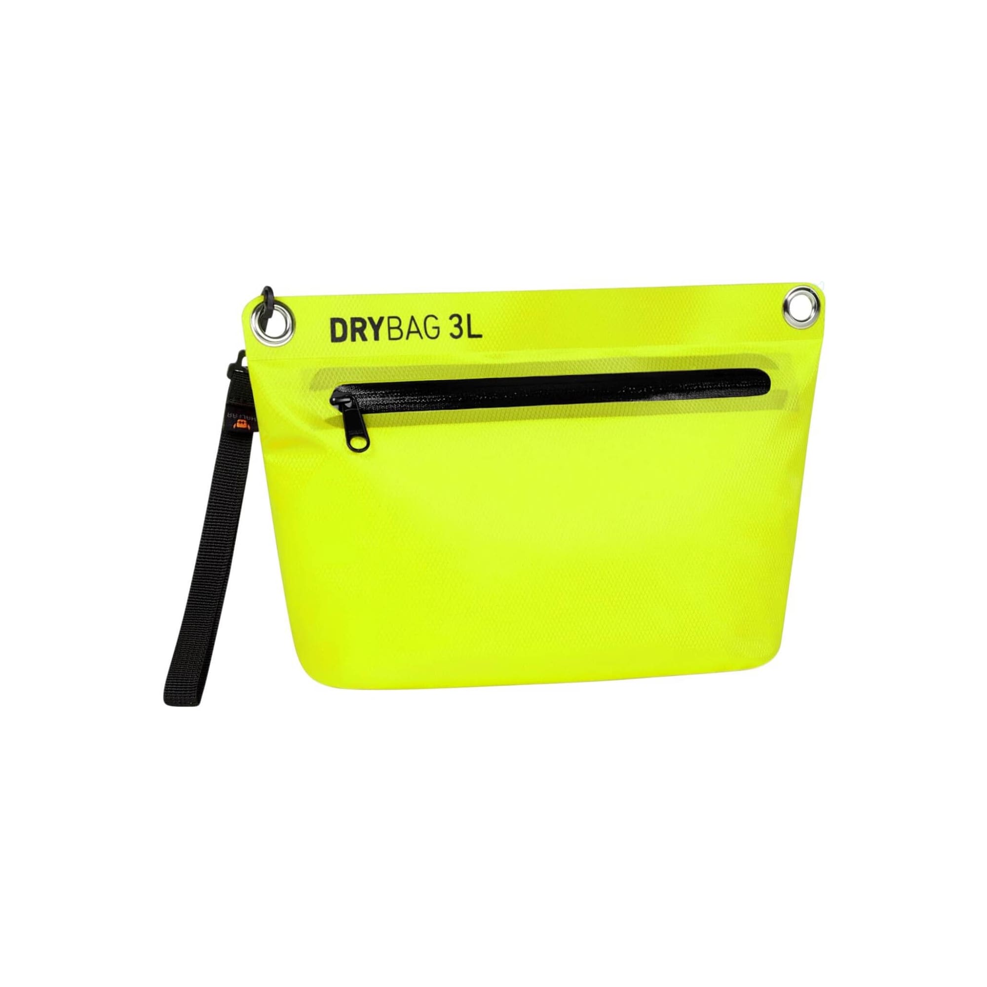 A bright yellow Drybag Zipper Bag with a black zippered pocket and a strap. It features a logo.