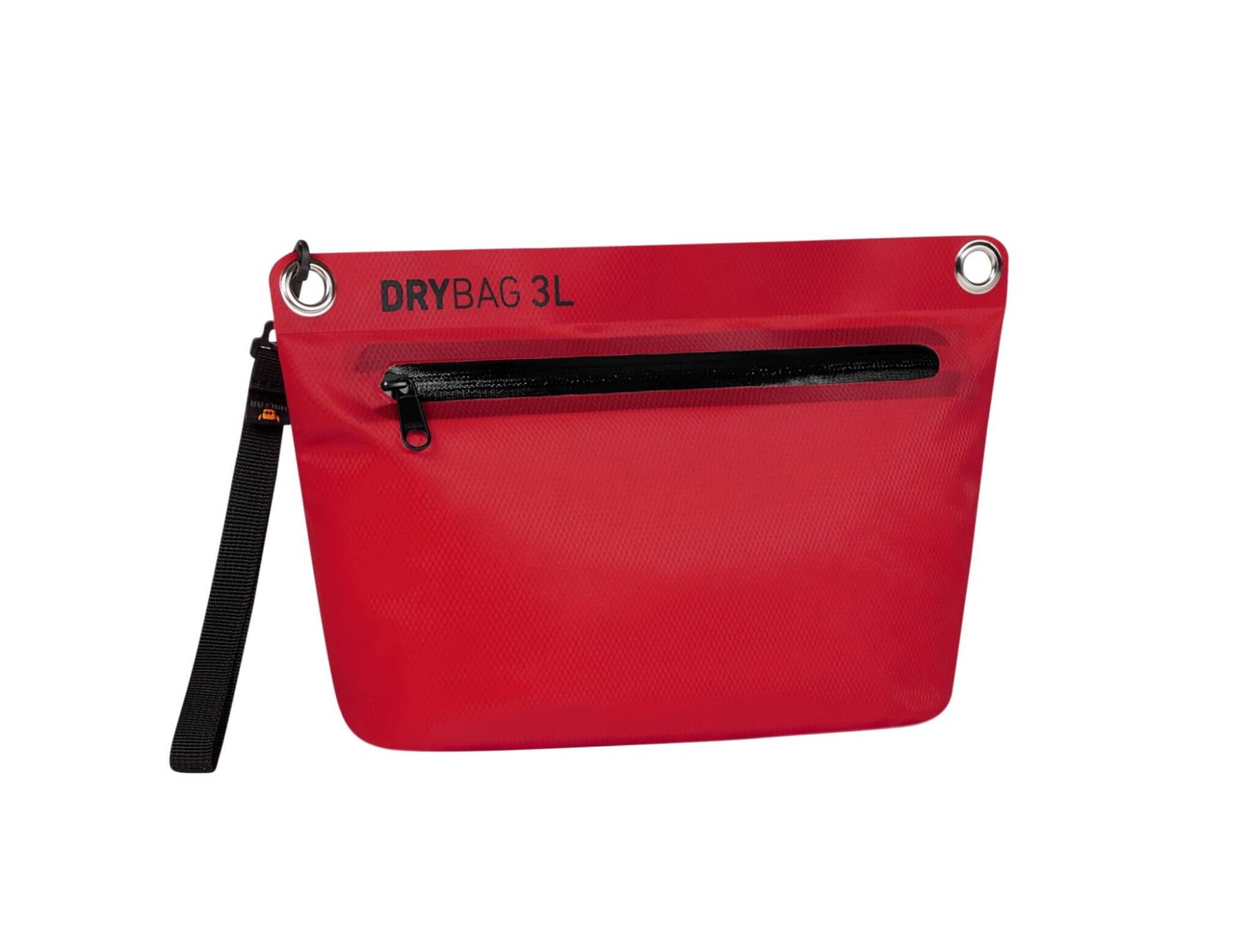 A red Drybag Zipper Bag with a black zippered pocket, featuring a wrist strap and a logo.