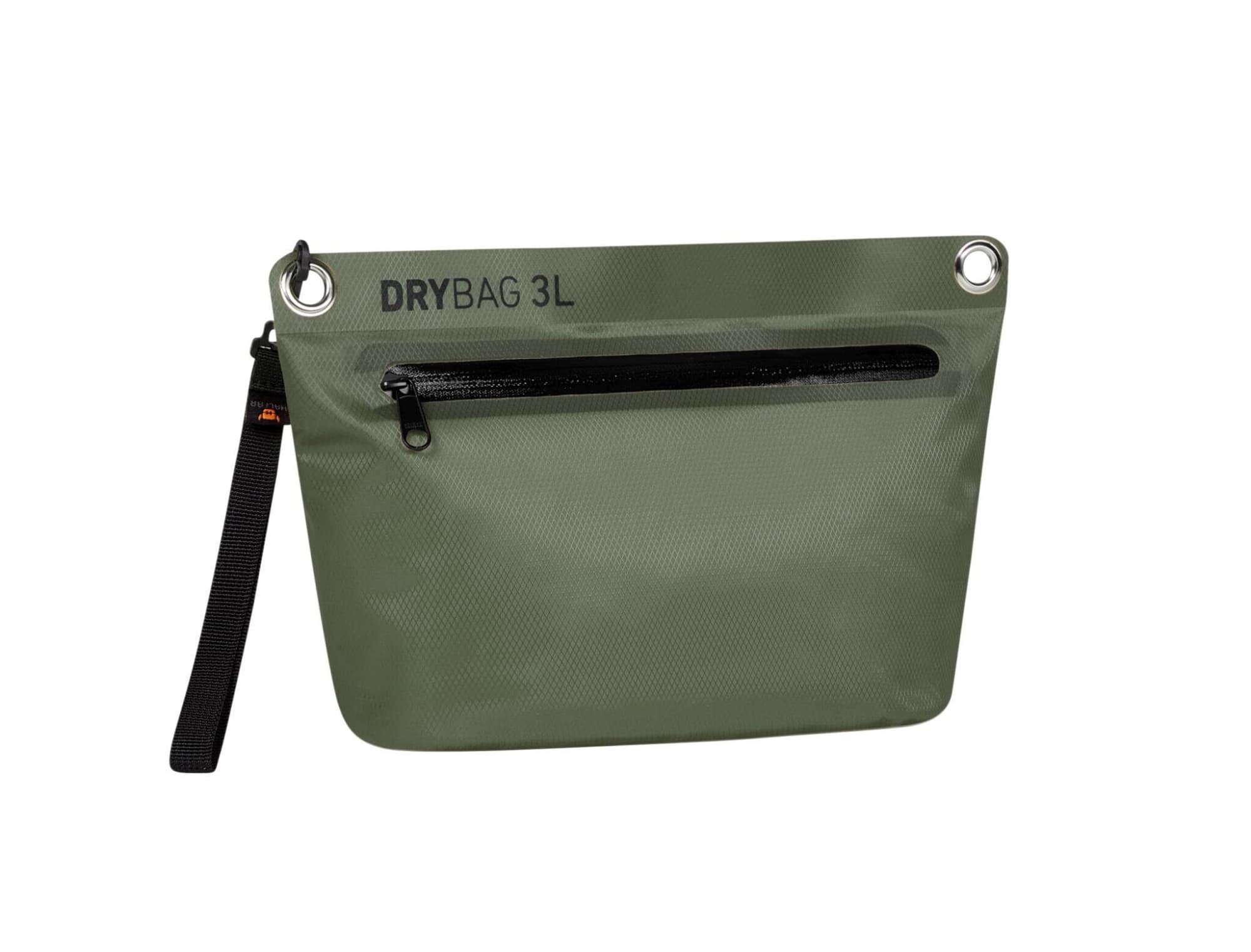 A green Drybag Zipper Bag with a black zipper pocket and a handle attachment, featuring a logo.