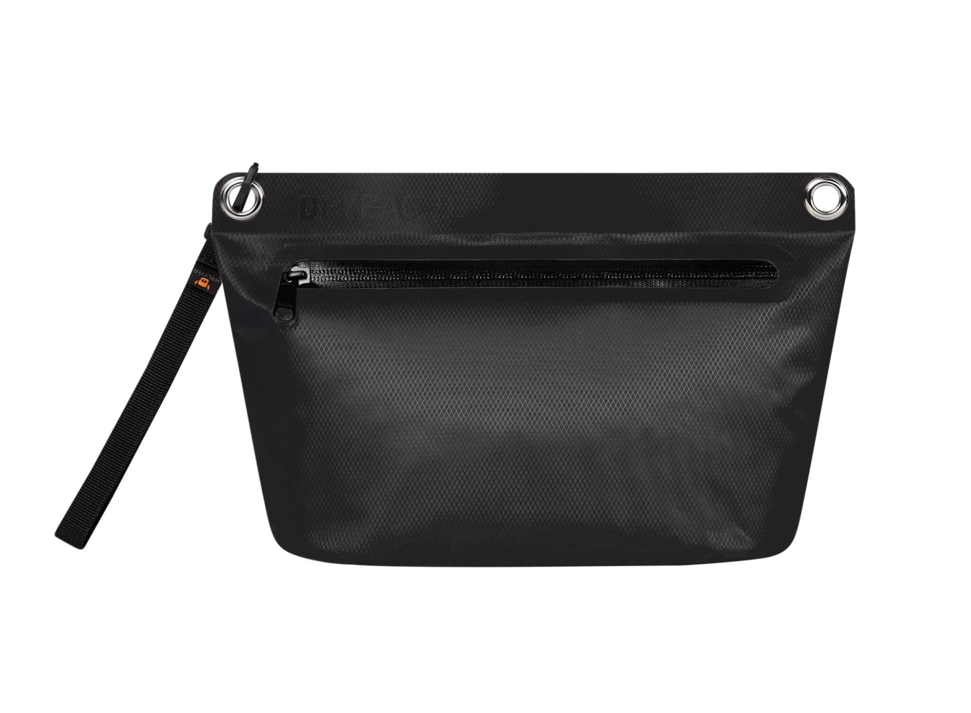 A black Drybag Zipper Bag featuring a zippered pocket and a handle. It has a logo on the exterior.