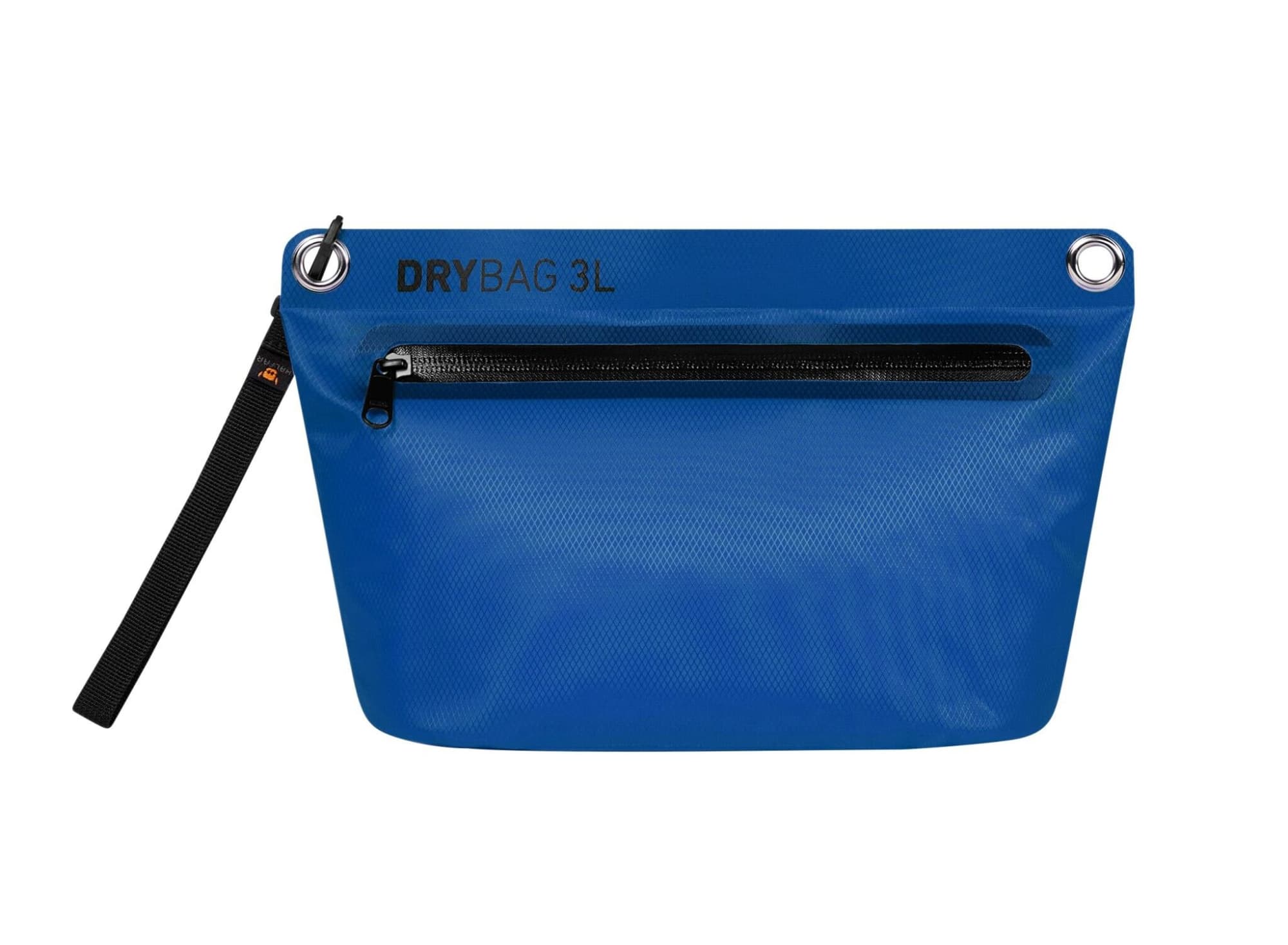 A blue dry bag with a zippered front pocket and a handle, featuring a logo.