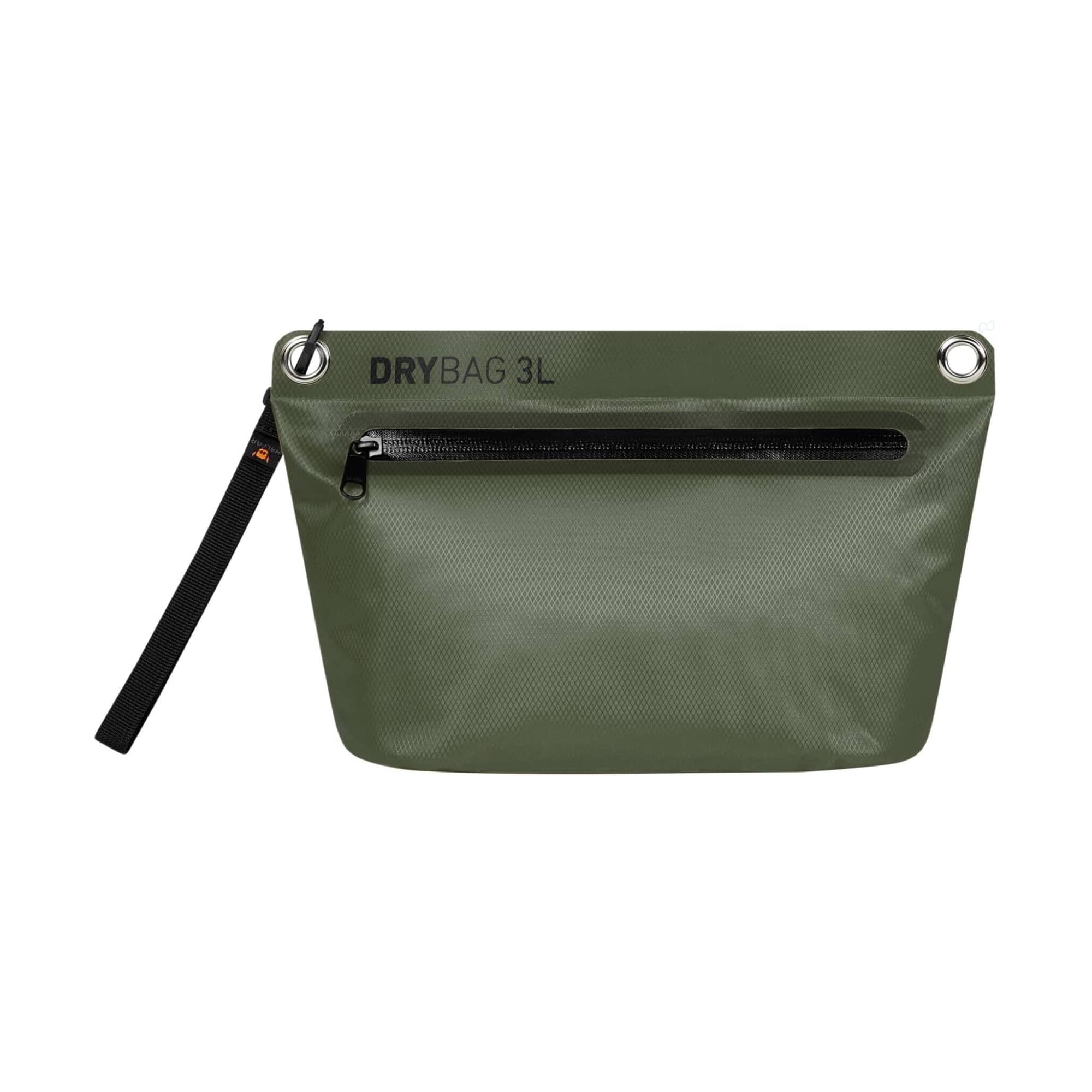 A green Drybag Zipper Bag featuring a zippered pocket and a handle. It includes a logo on the front.