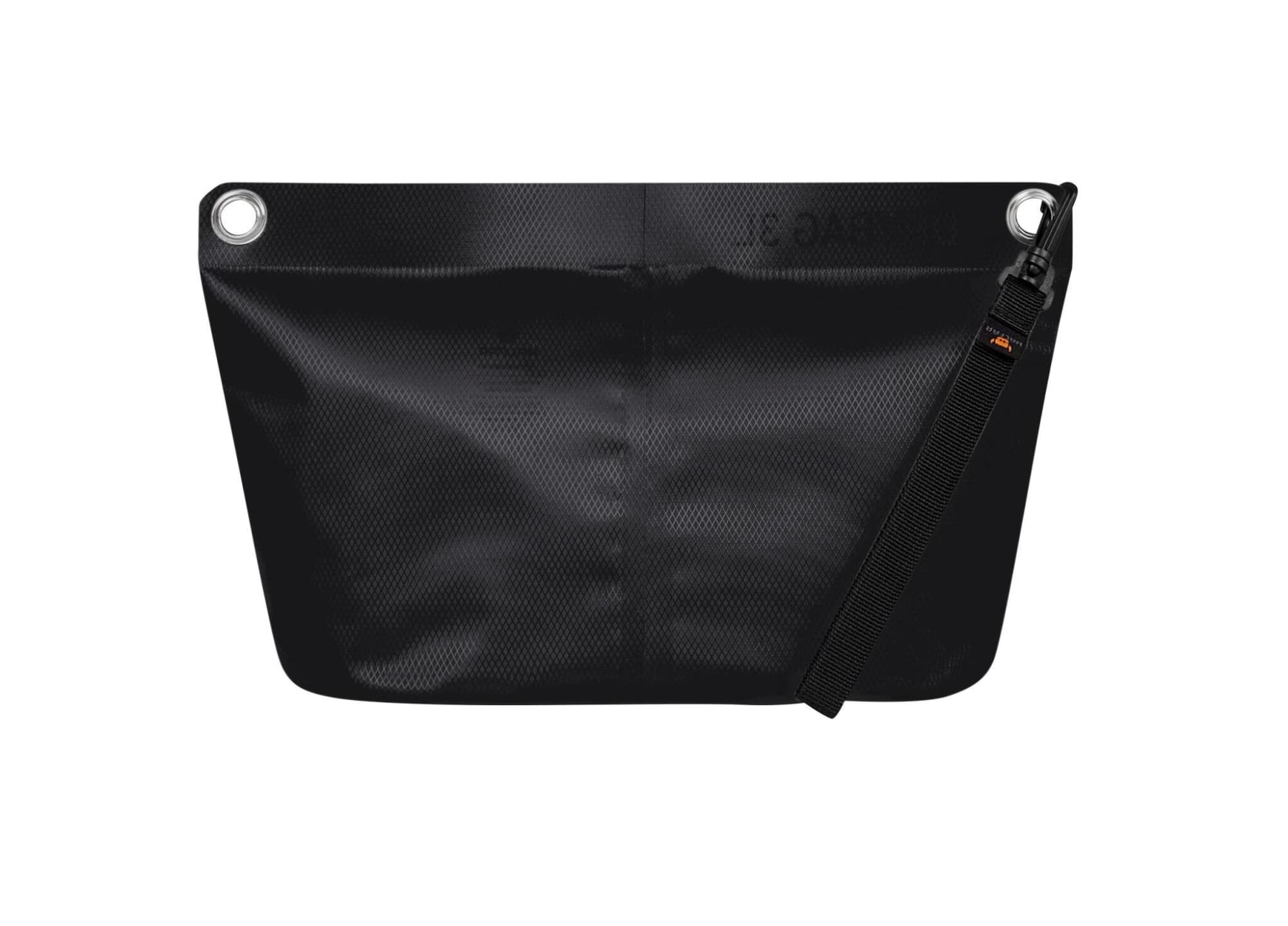 A black dry bag with a textured surface, featuring a strap and a logo. Ideal for keeping contents dry.
