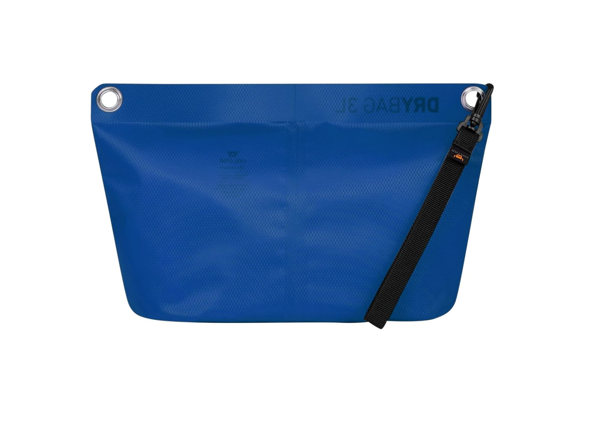 A blue drybag zipper bag with a smooth surface, featuring a strap and eyelets for attachment.