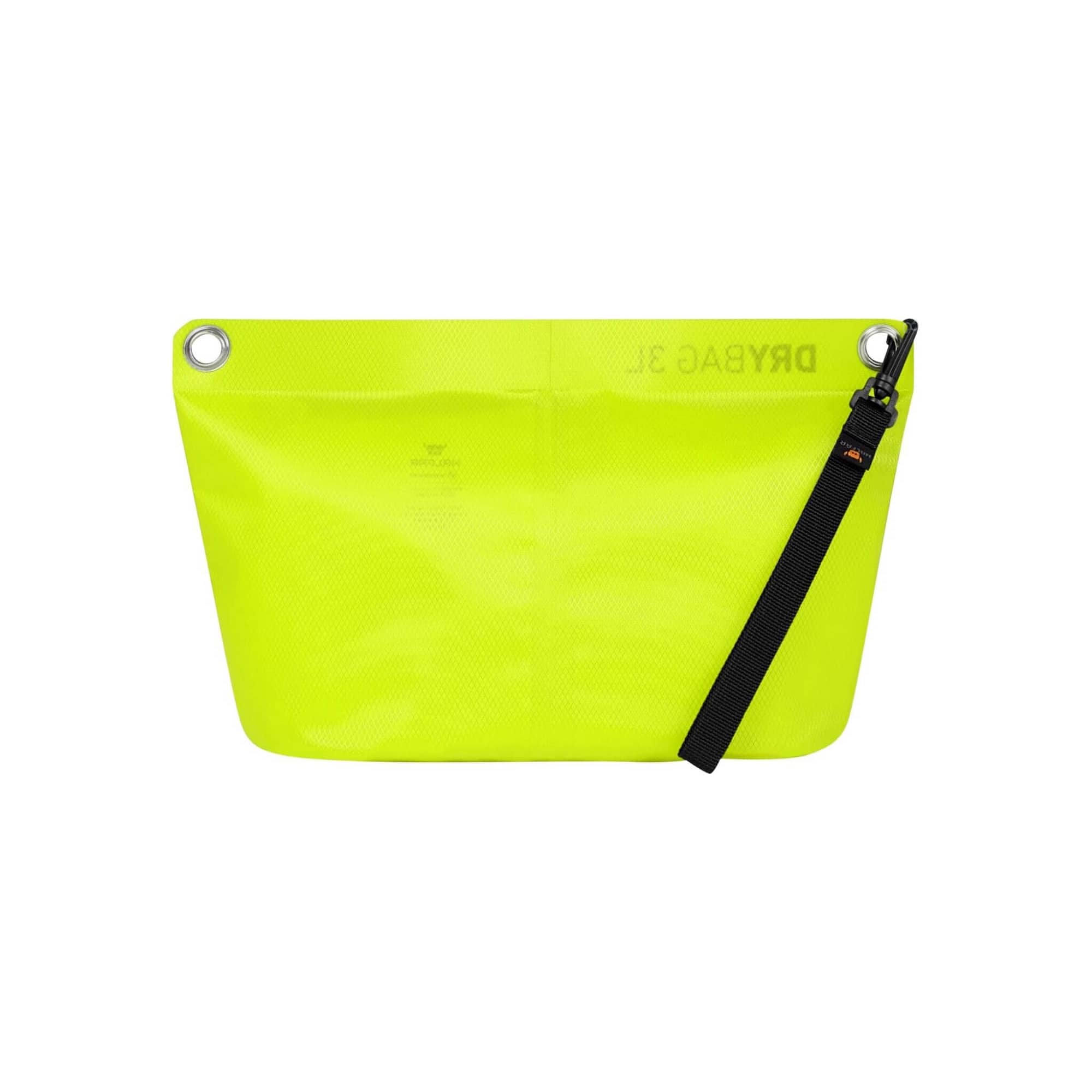 A bright yellow dry bag with a black strap and a logo, featuring a textured surface and grommet details.
