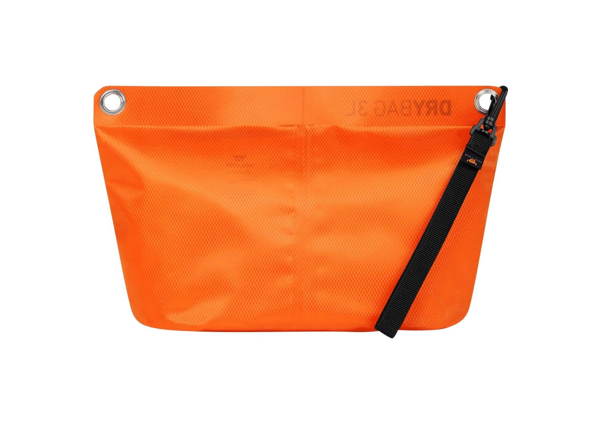 An orange Drybag Zipper Bag with a black strap and metal grommets, featuring a simple design.