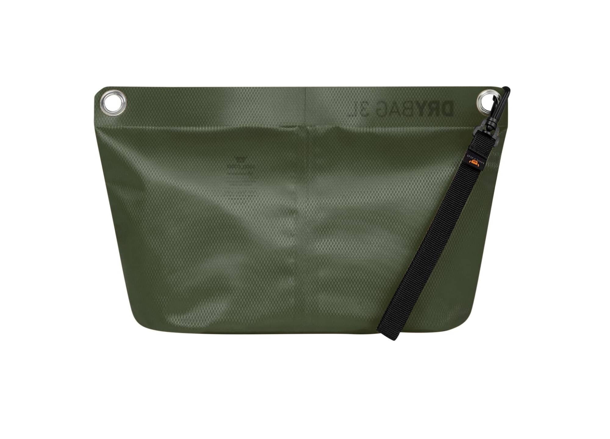 A green dry bag with a textured surface, featuring grommets and a strap. It includes a branding logo.