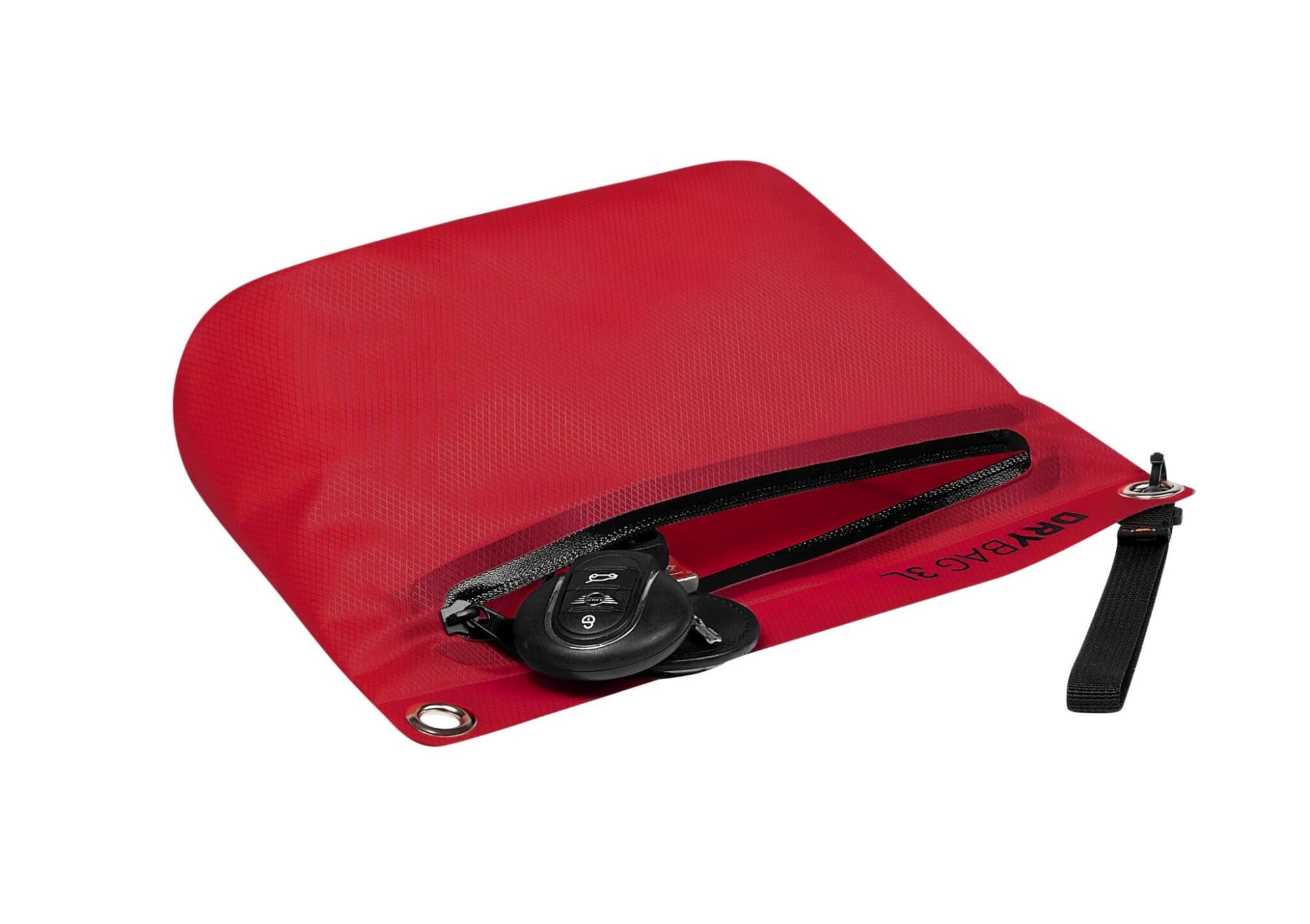 A red Drybag Zipper Bag with a key fob inside, featuring a zip closure and a small attachment strap.