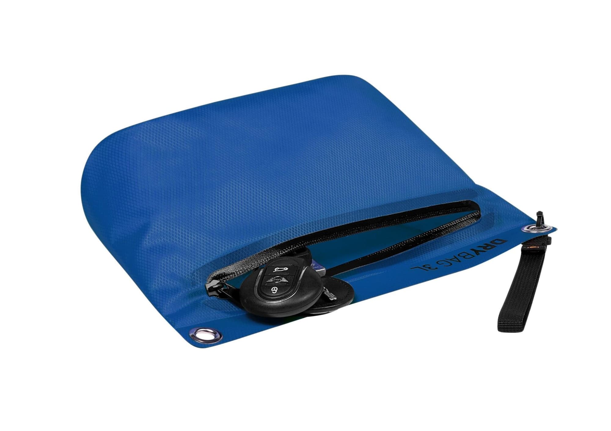 A blue zipper dry bag contains car keys and features an integrated strap. The bag has a logo on it.